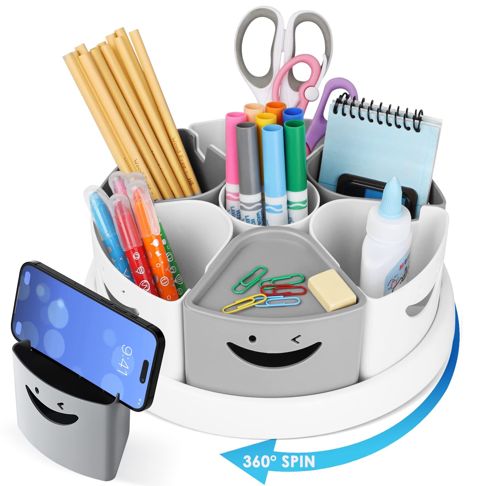 MeCids Art Supply Storage and Organizer - 360° Spinning Pen Holder and Pencil/Marker Organizer Caddy for Desk for Office, Classroom - Kids Craft Supplies Organization and Storage - Cell Phone Stand
