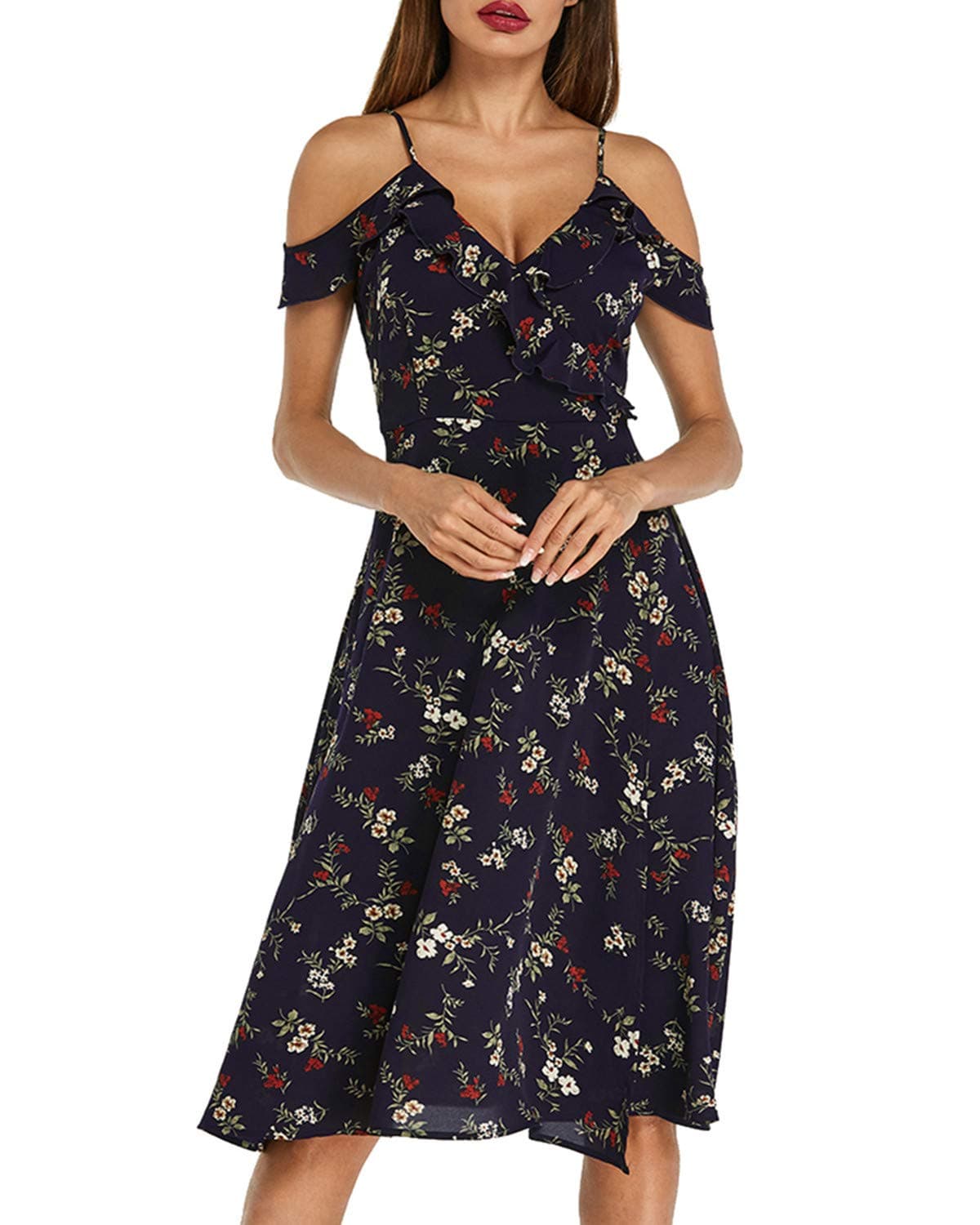 Auxo Women Ruffles Off Shoulder V Neck Strap Dress Boho Floral Printed Casual Madi Dresses Summer Beach Sundress Navy Size M/UK 12-14