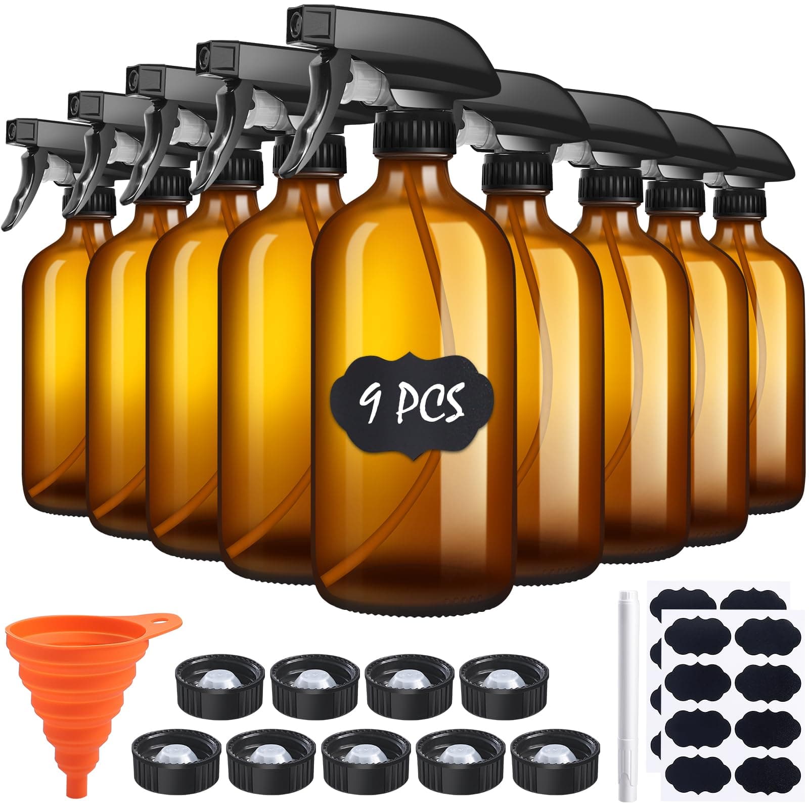 9 Pack Glass Spray Bottle 16oz, Empty Amber Spray Bottle Refillable Container for Essential Oils,Cleaning Products,Aromatherapy spray device