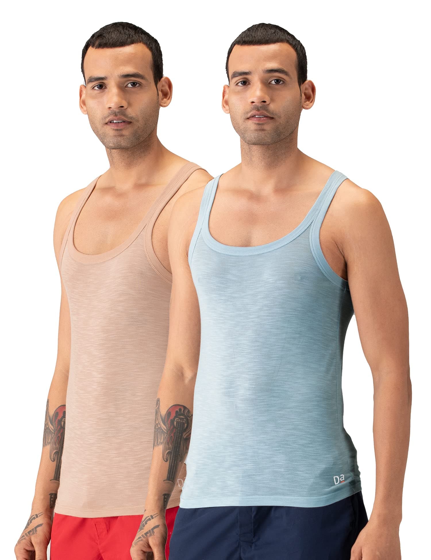 DAMENSCH Men's NEO-Skin Anti-Microbial Slub Square Neck Vest- Anti-Odor-Bamboo Rayon Fabric- Square Neck- Pack of 2 - Ice Blue, Breezy Beige - X-Large