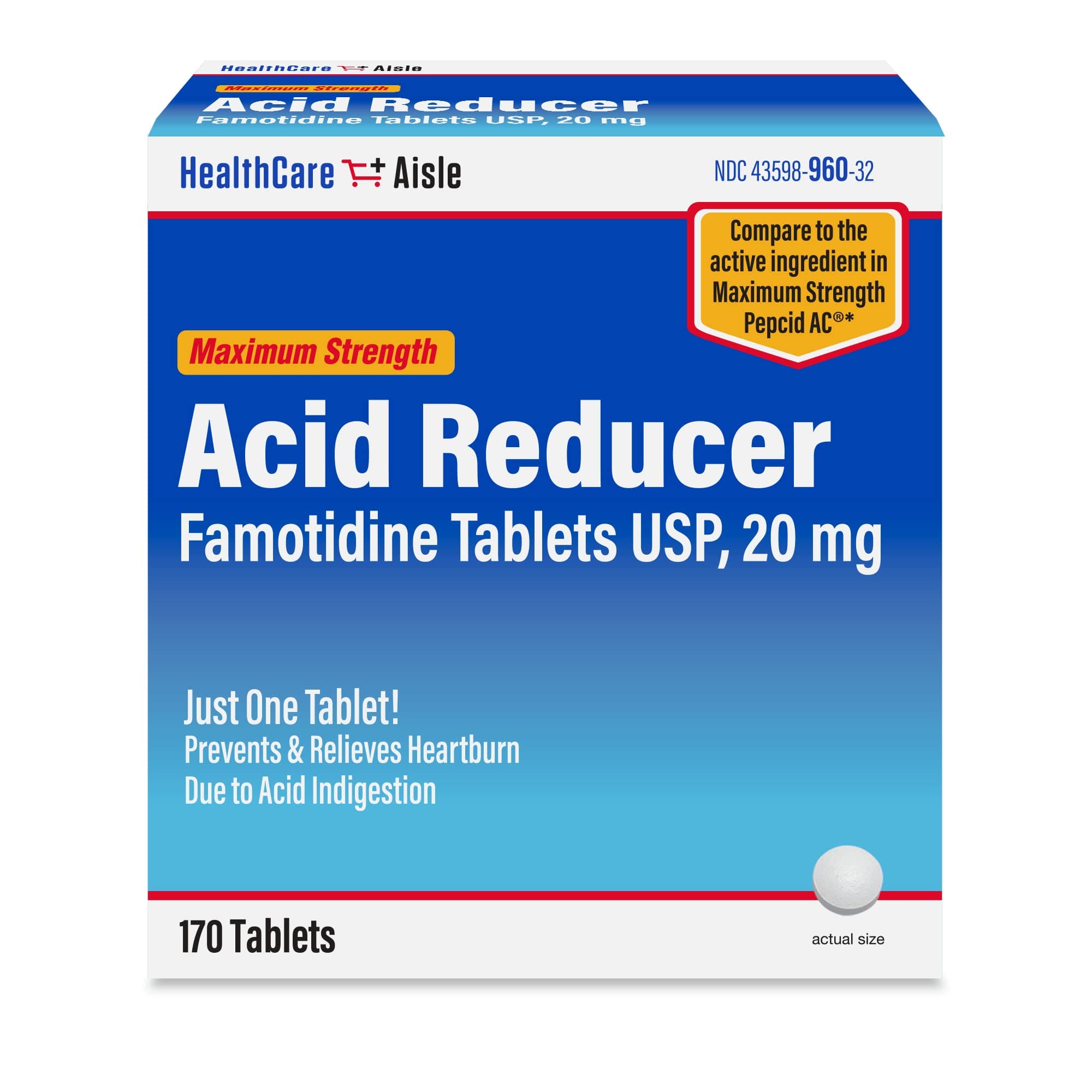 Famotidine 20 mg, 170 Tablets, Maximum Strength Acid Reducer, Prevents and Relieves Heartburn Due to Acid Indigestion
