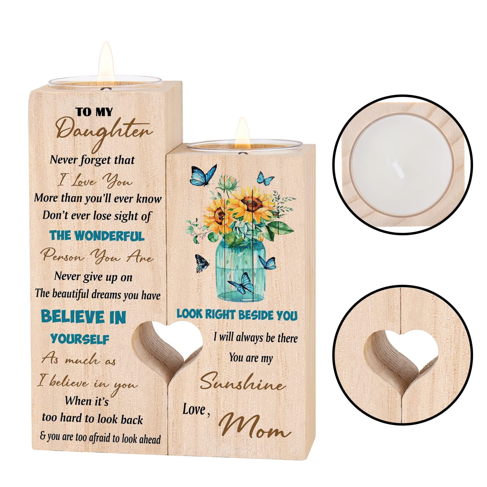 Huixi Daughter Candle Holder - Gifts for Daughters from Mothers, Unique Birthday, Christmas, Graduation Gifts, Light Brown Wooden Tabletop Candle Holder