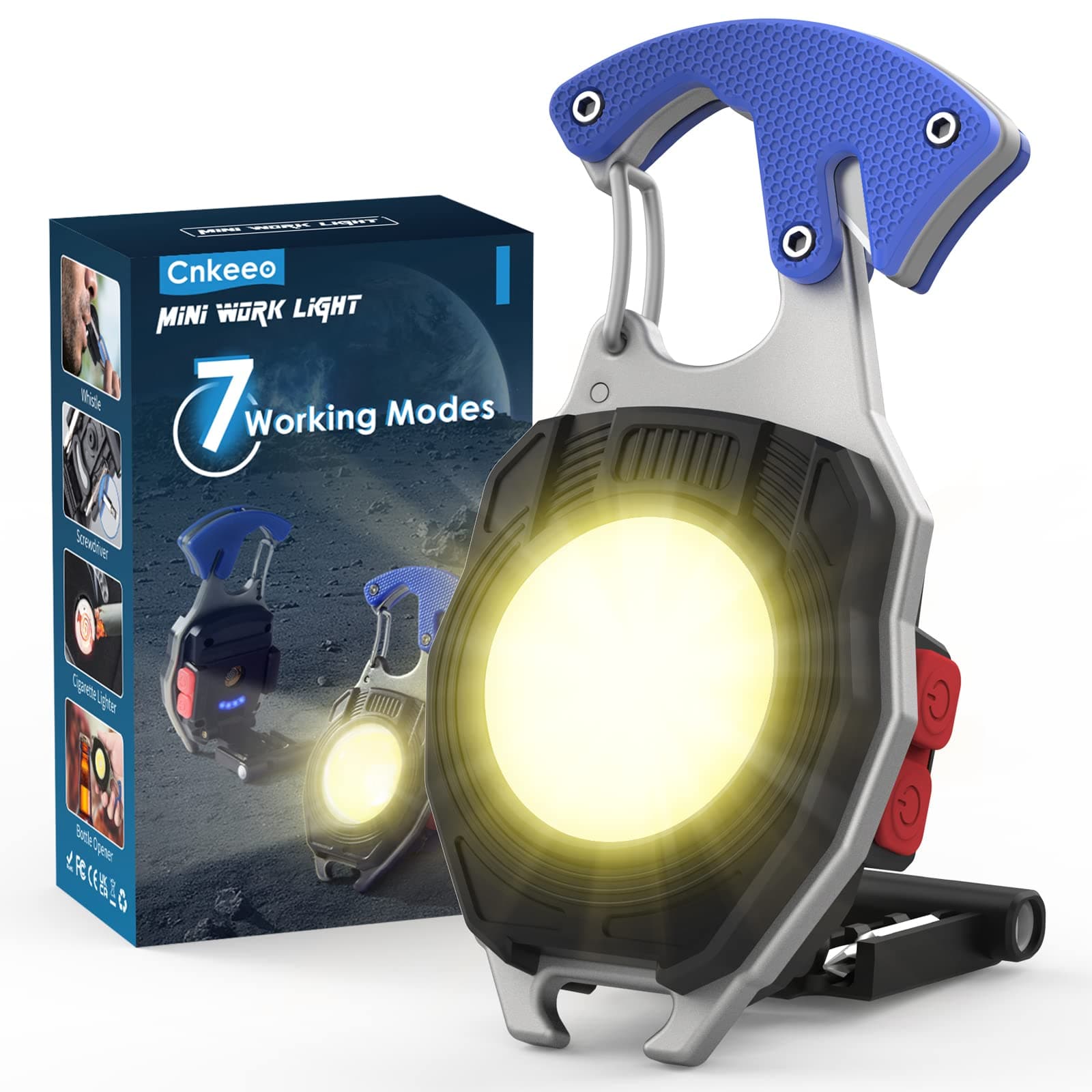 Cnkeeo Keyring Torch Rechargeable,7 Modes Mini Keychain Work Light,IPX5 800 Lumens COB Keychain Flashlight, Multifunctional Portable Light with Whistle Blade Magnetic Base for Camping