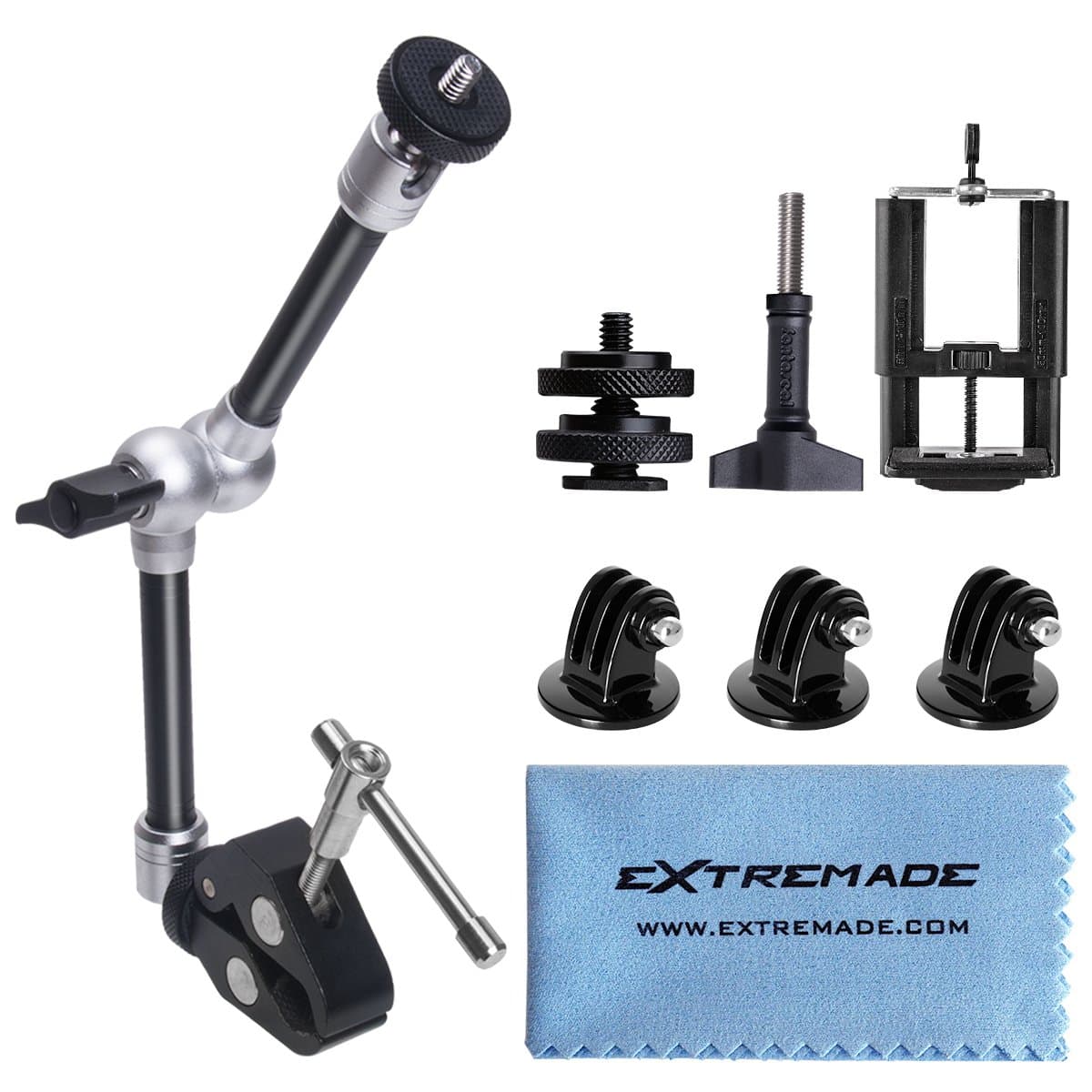11 Inch Adjustable Articulating Israeli Friction Magic Arm w/ Super Clamp + Super Wide Phone Clip + Hi-Torque Knob Screw + Adapter Compatible For Gopro Sony DSLAR Camera Action Camera Smartphone Cell Phone