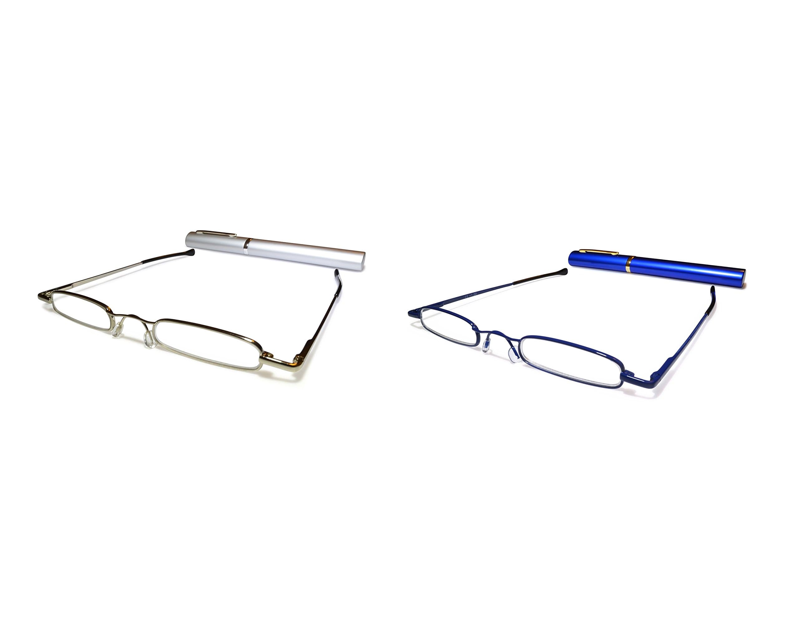 Metal Blue/Silver 2-Pack Reading Glasses +1.5, Ultra Slim and Lightweight, CE Certified/EN ISO 12870, Comes with Free Matching Oval Aluminium Tube with Clip