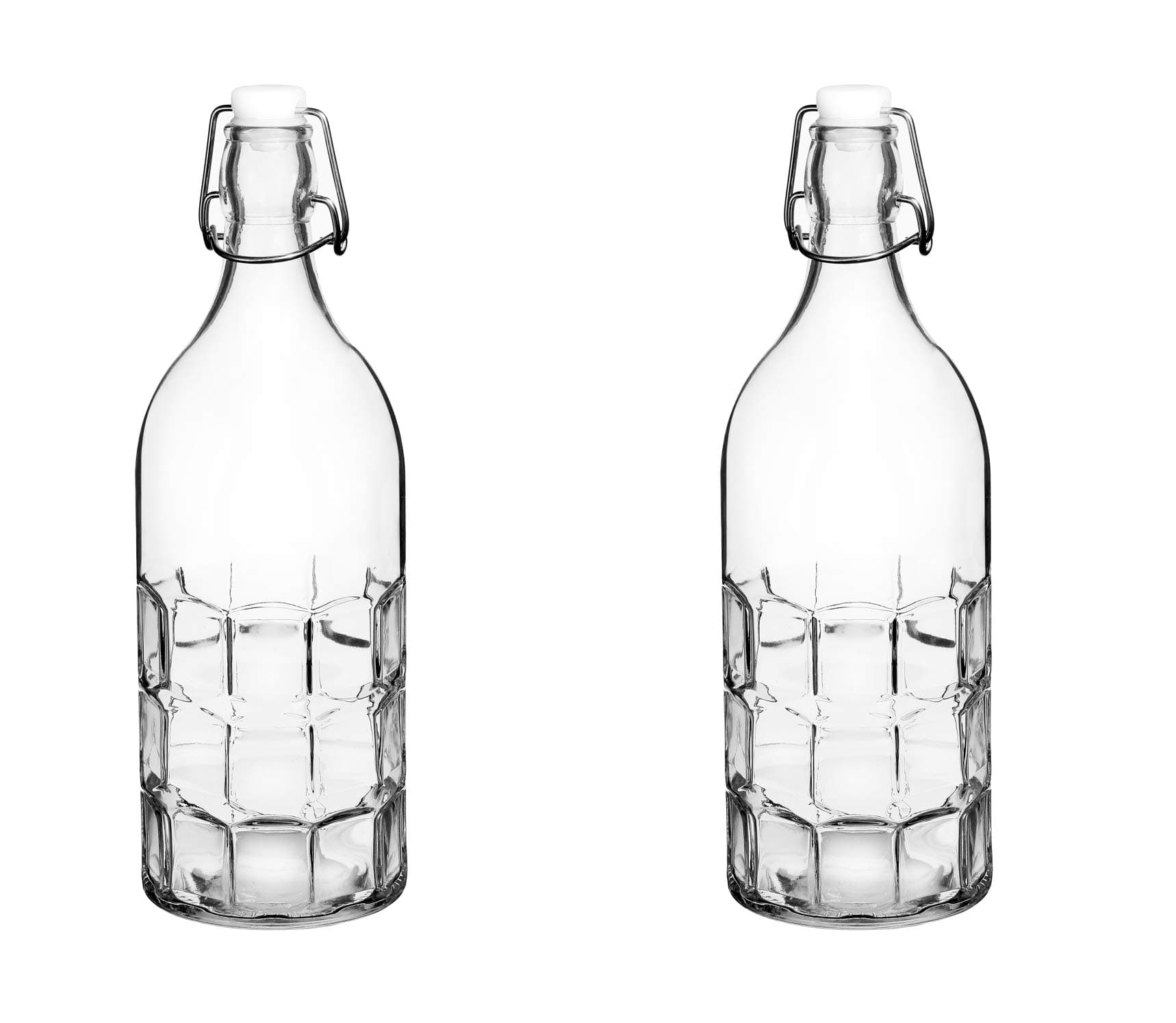 Set Of 2, Colorful Reusable Glass Water Bottles With Swing Top Leakproof Cap, 1L / 34oz, Flowersea Glasss Water Bottle for Oil, Vinegar, Beverages, Beer, Water, Kombucha, Kefir, Soda (Clear, Grid)