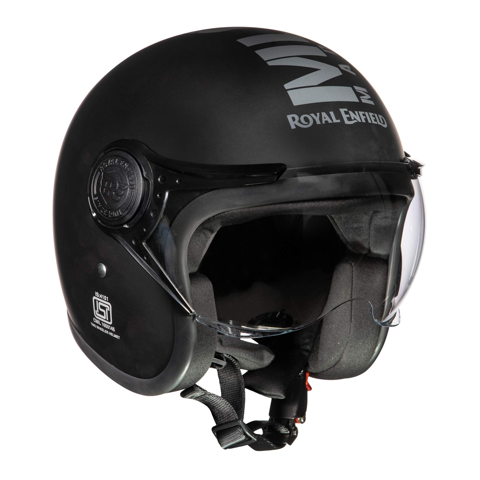 - Royal Enfield Open Face MLG Helmet |Made Like a Gun | with Clear Visor | Impact Protection | High Density EPS | ISI and DOT Certified | Micrometric Lock MATT Black (M) 58 CM