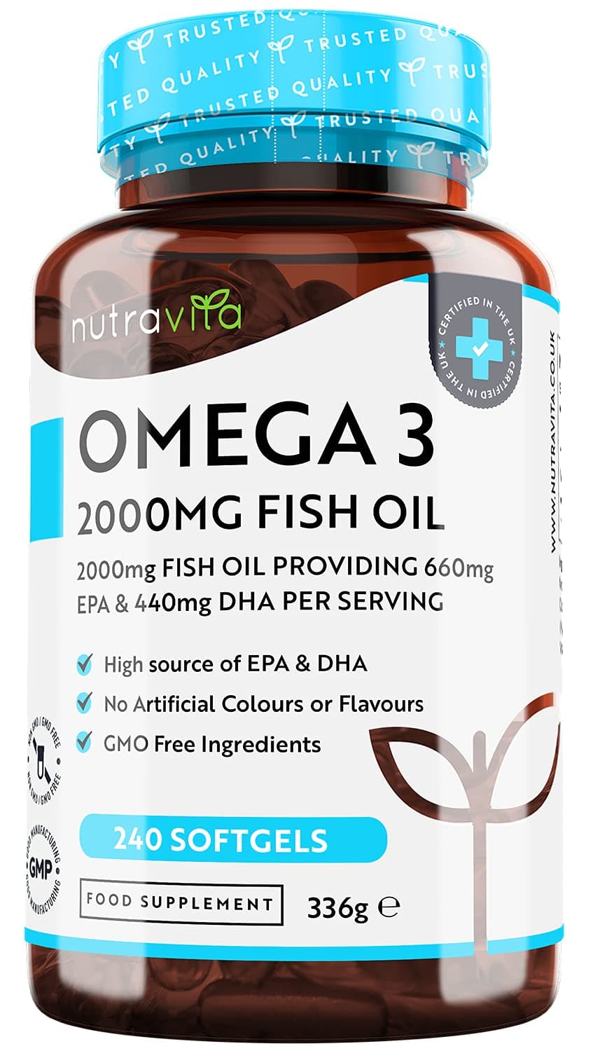 Omega 3 Pure Fish Oil 2000mg – 660mg EPA & 440mg DHA per Daily Serving – 240 Softgel Capsules – 4 Months Supply – for Maintenance of Normal Heart and Brain Function – Made in The UK by Nutravita