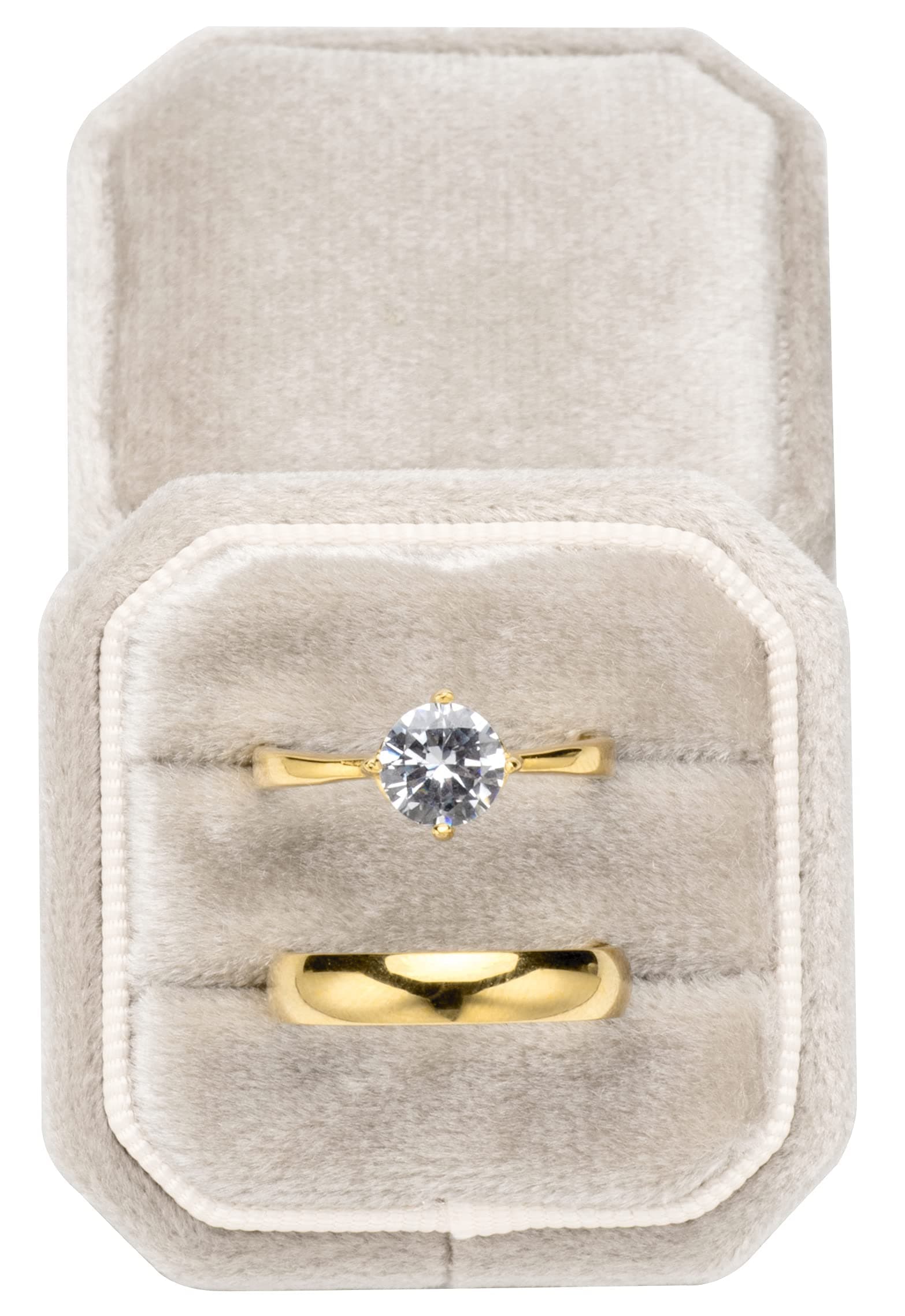 Premium Velvet Ring Bearer Box for Proposal Engagement Wedding Ceremony - Octagon Vintage Double Ring Display Holder with Detachable Lid (Beige)