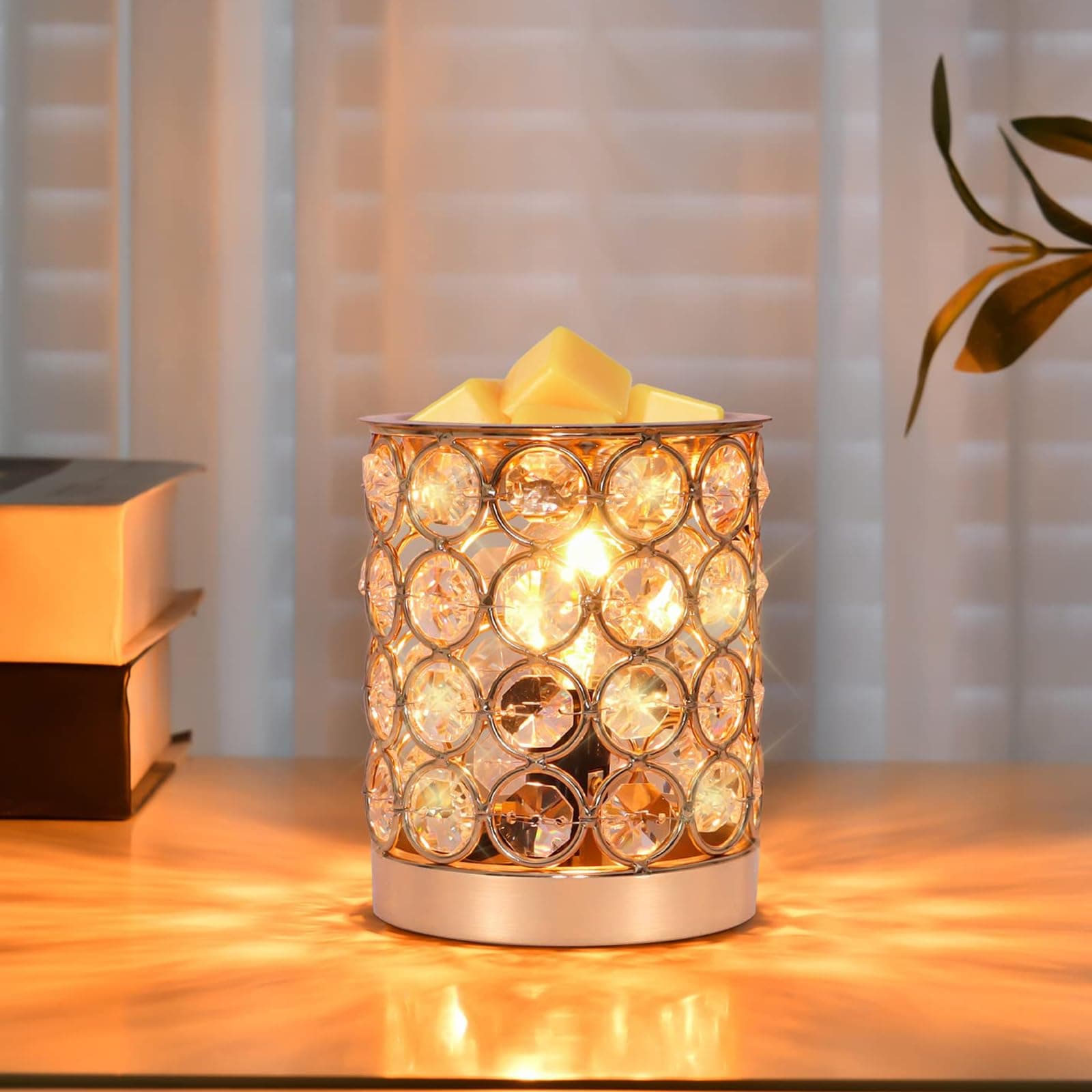 Crystal Wax Melt Warmer Candle Wax Warmer for Scented Wax 2 in 1 Wax Melts Fragrance Warmer Wax Cubes Melter Home Office Deco Night Light Valentines Day Birthday Gifts for Women Mom Girl(01-Gold)