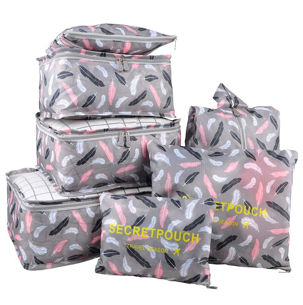 7Pcs Travel Storage Bags Clothes Packing Cube Luggage Organizer with Shoes Bag (Colored feathers)