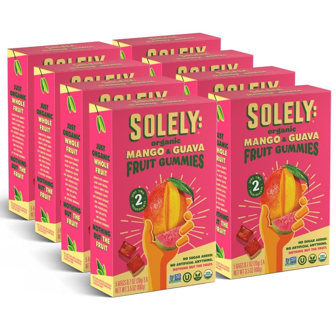 SOLELY - Organic Mango & Guava Whole Fruit Gummies (Pack of 8 Boxes, 5 Bags per Box) - Real Fresh Fruit - Healthy Snacks for Adults & Kids - Non GMO, Vegan Snacks, Shelf Stable - 40 Bags (3.5 oz)