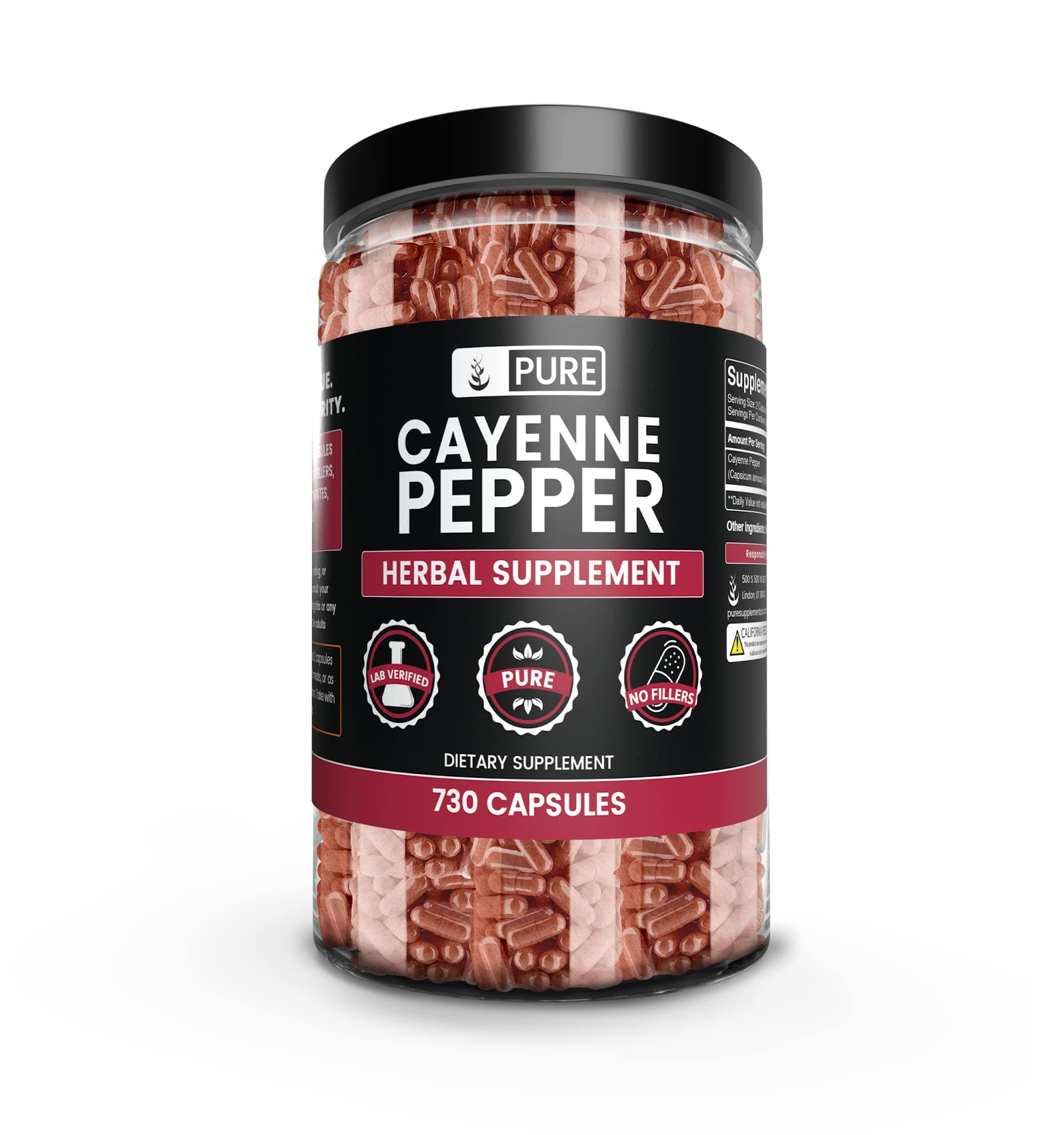 Pure Cayenne Pepper (730 Capsules) No Magnesium or Rice Filler, 40,000 SHU, Non-GMO, Vegetarian, Gluten-Free