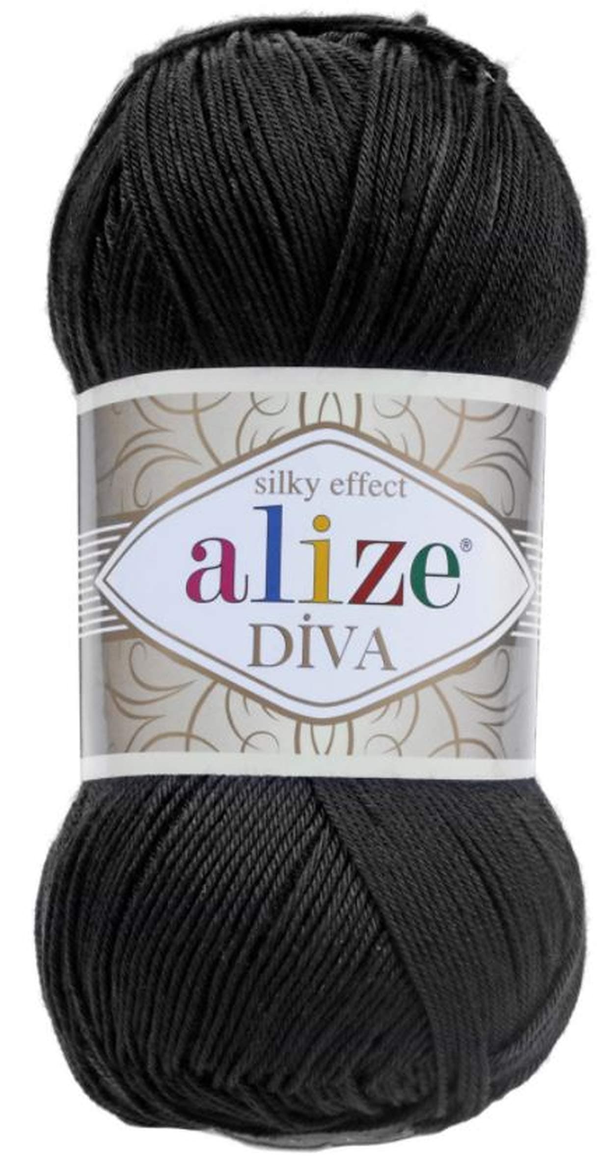 Diva Silk Effect 100% Microfiber Acrylic Yarn 1 Ball skeins 100gr 383yds Color (60 - Black)