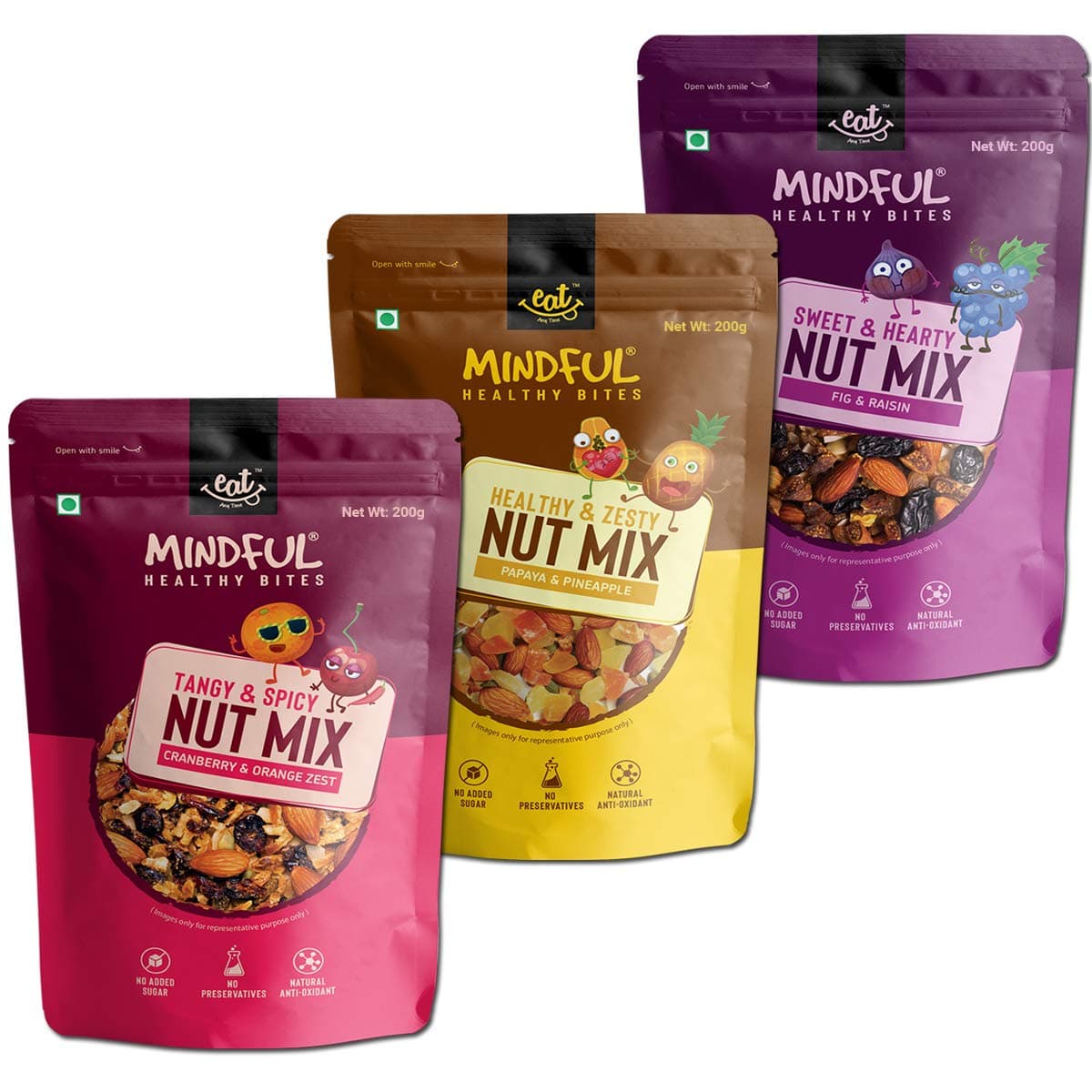 Mindful Healthy Trail Mix Combo of 3 - Cranberry & Orange Zest, Fig & Raisin & Papaya & Pineapple | No Added Sugar & No Preseervatives | Antioxident | Healthy Sanck for Breakfast & Diet - 200gm(Combo of 3)
