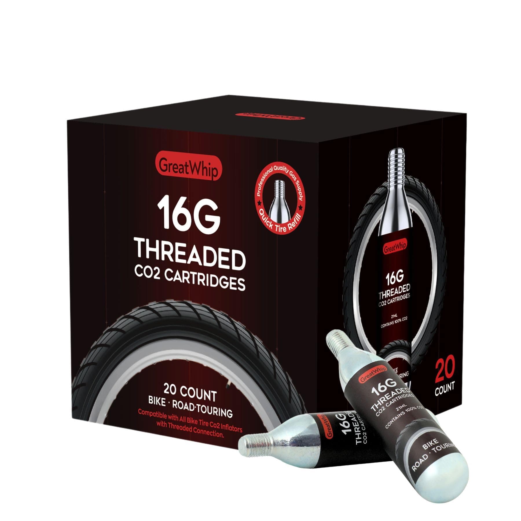 GreatWhip 16g Threaded CO2 Cartridges for Bike Tires