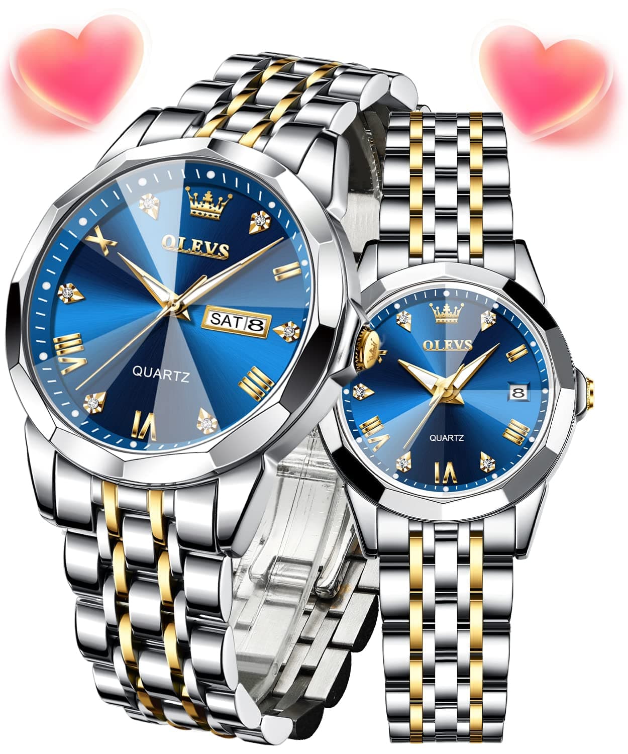 OLEVS Couple Watches His and Her Fashion Dresse Romantic Set Pair Matching Stainless Steel Strap Luminous Waterproof Wrist Watch