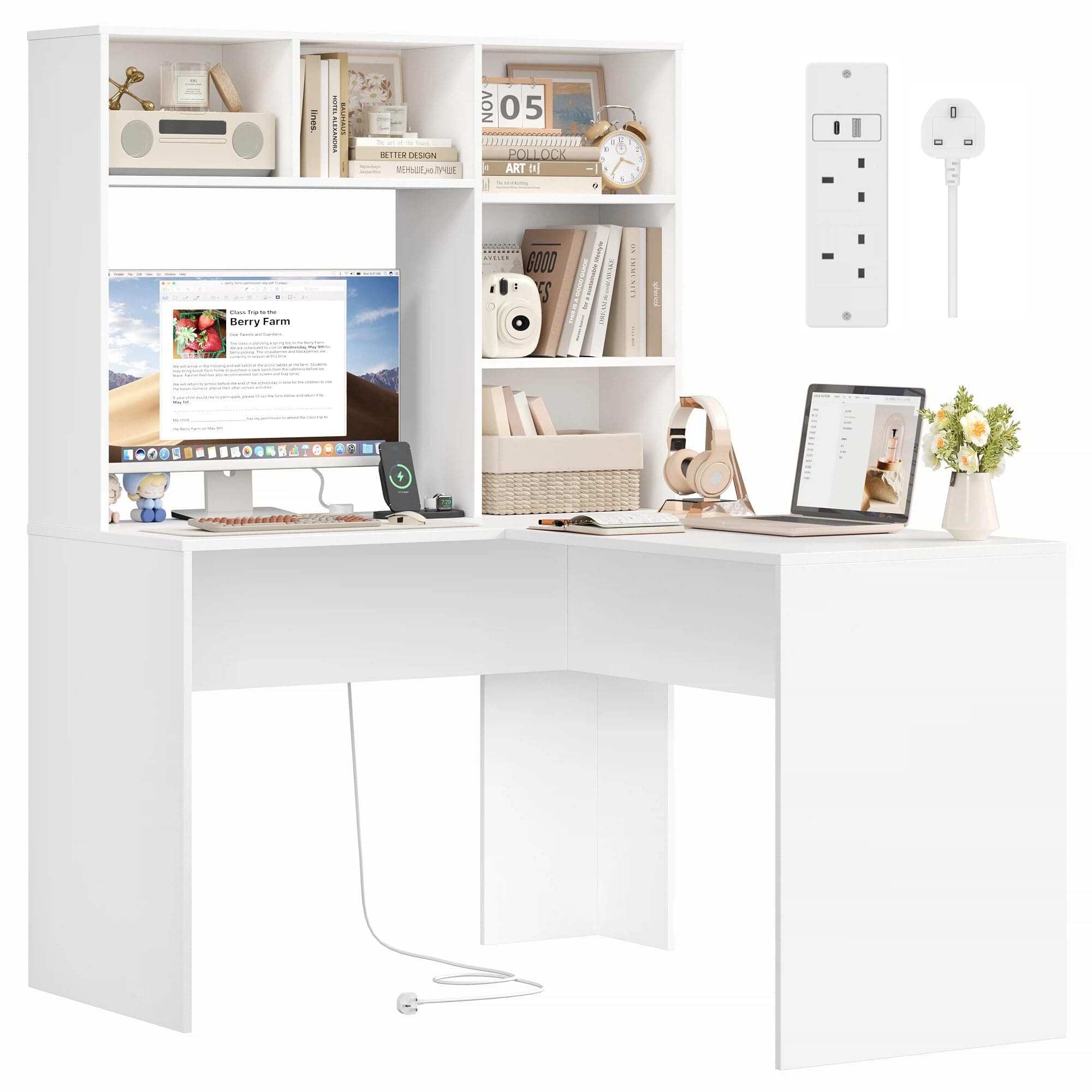 FirFurd L Shaped Desk with Power Outlet Computer Corner Desk with Storage Shelves Study Table Home Workstation Office Furniture Wooden 108x125x153cm White