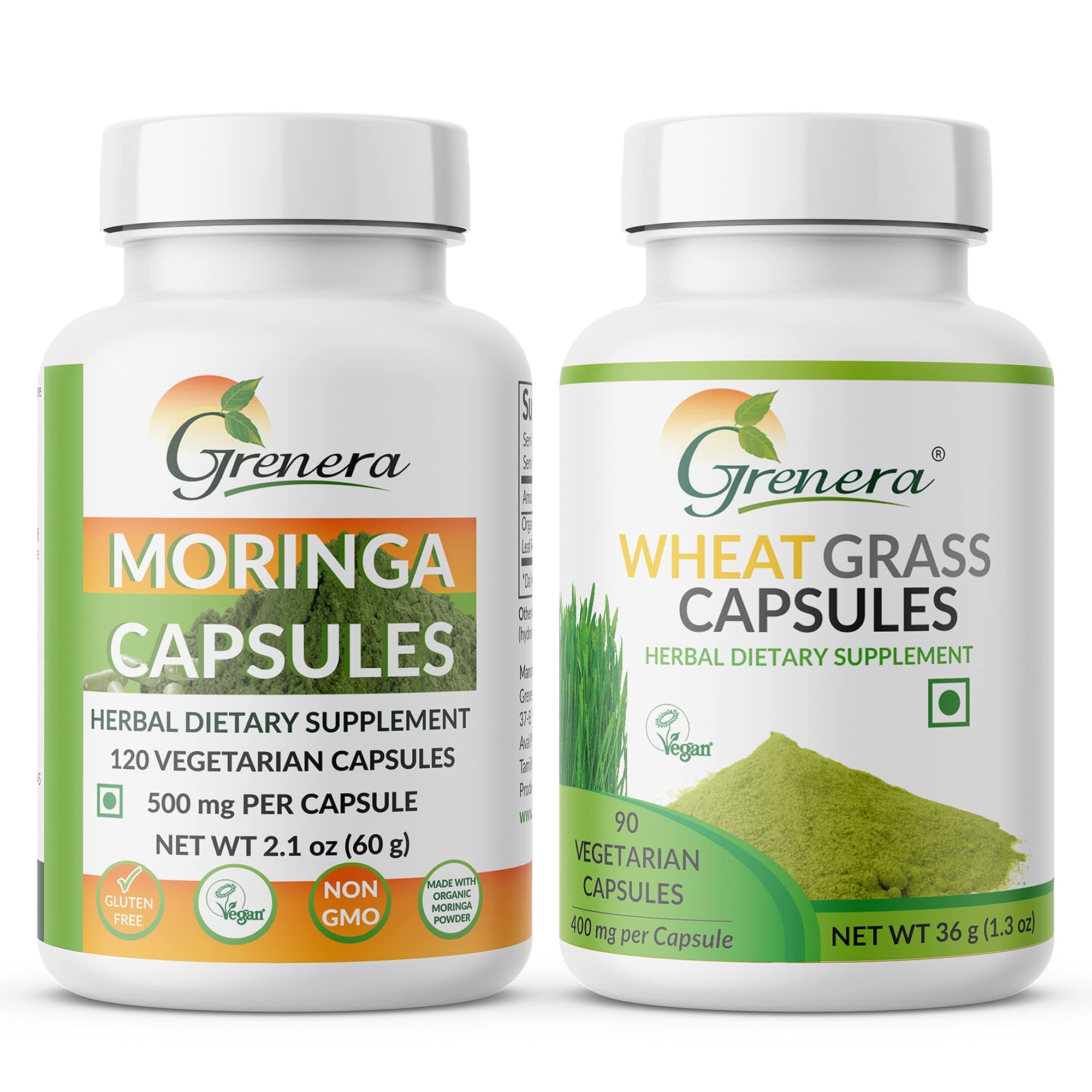 Grenera Moringa 120 nos, Wheatgrass Capsules 90 nos/Bottle | Made with pure moringa leaf powder and Wheatgrass Powder