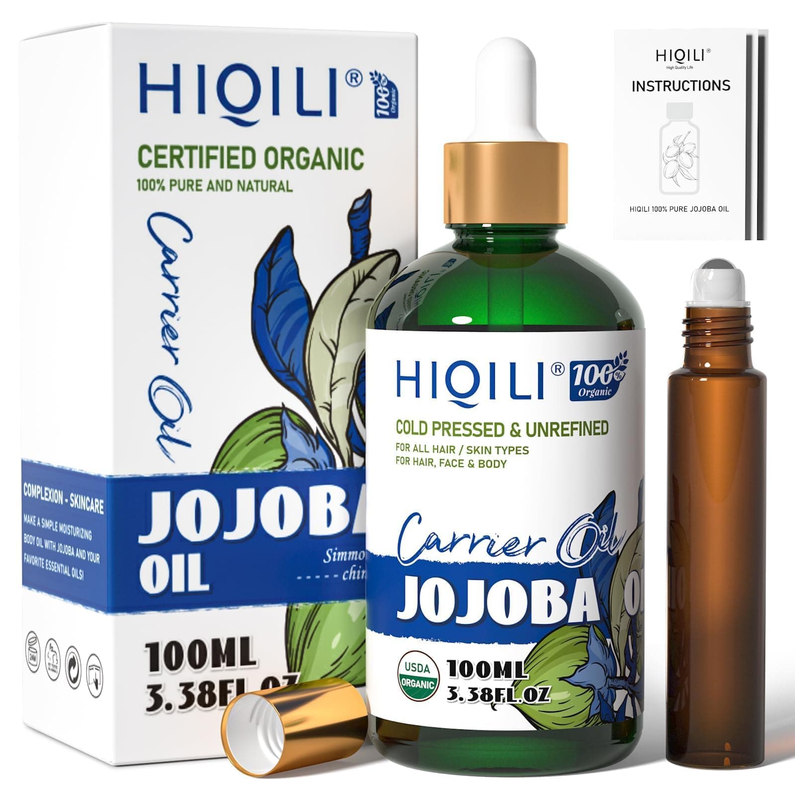 HIQILI 100ML Jojoba Oil Organic for Hair Growth,100% Pure Cold Pressed Unrefined, Included Roller Bottle for Massage - 3.38 Fl Oz