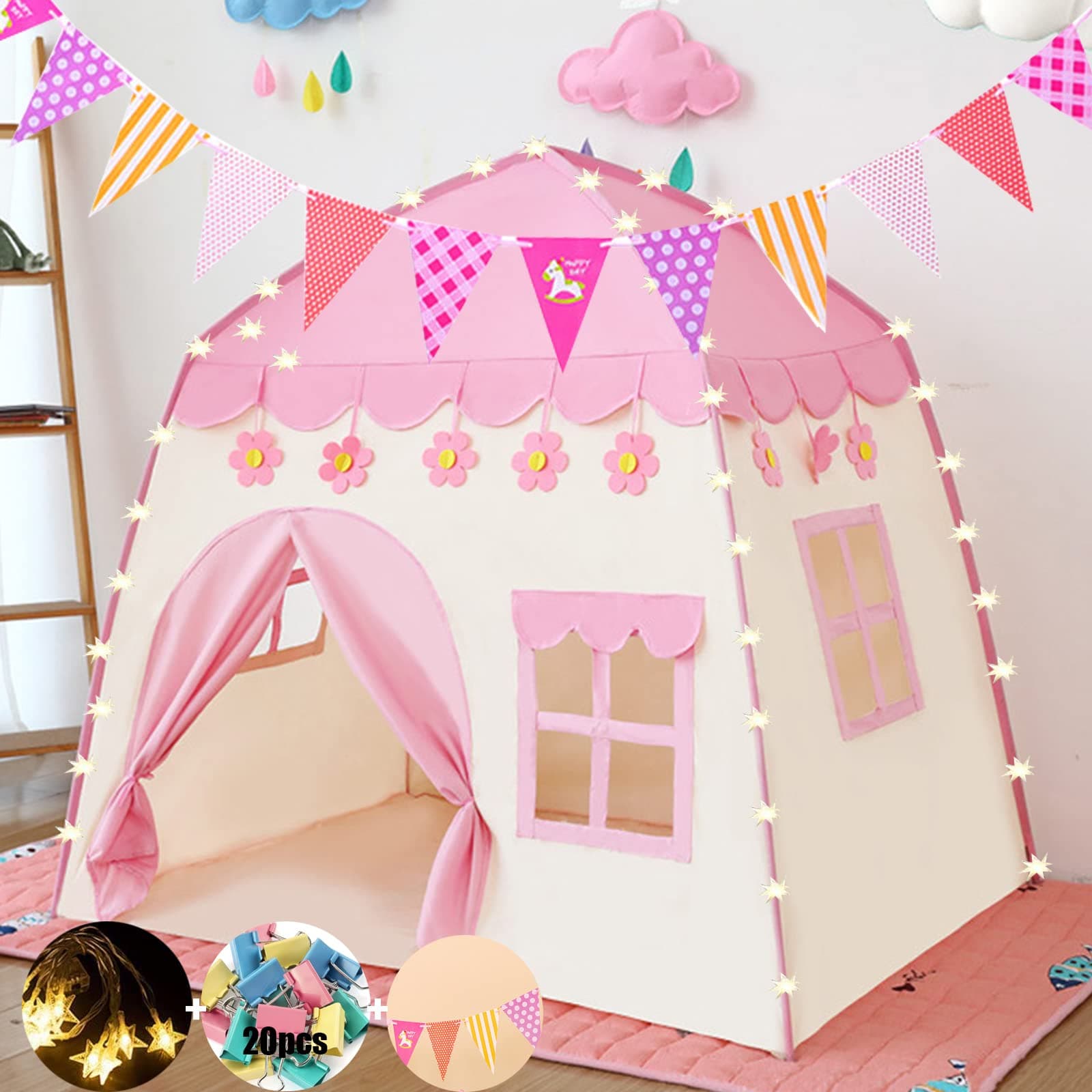 IS MUHE Kids Princess Tents for Girls Toys, Princess Castle Playhouse Tent with LED Star Lights, Indoor & Outdoor Toys Play Tent Girls Kids Birthday Gift, Imaginative Games(Pink)