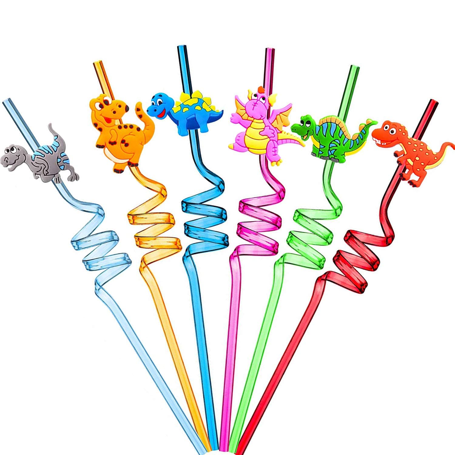 Ulife Mall Reusable Drinking Straws Novelty Dinosaur Party Straw Curly Hard Plastic Straws Kids Birthday Party Decorations Supplies Family Reunion Favors - Pack of 6