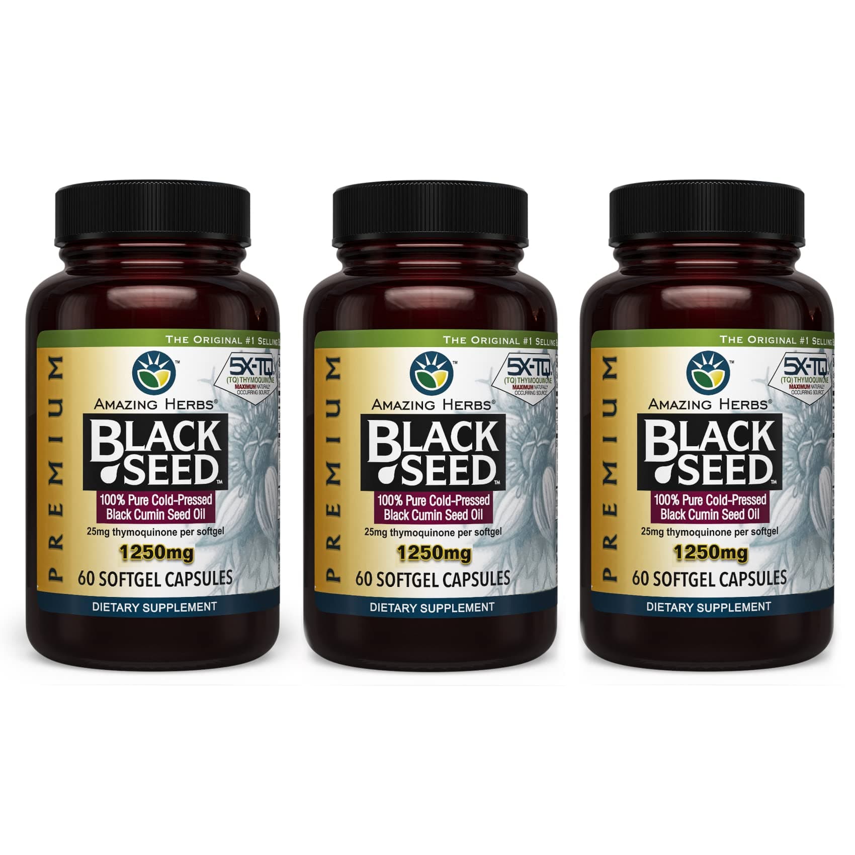 - Premium Black Seed Oil Capsules - High Potency, Cold Pressed Nigella Sativa Aids in Digestive Health, Immune Support & Brain Function - 60 Count, 1250mg (Pack of 3)