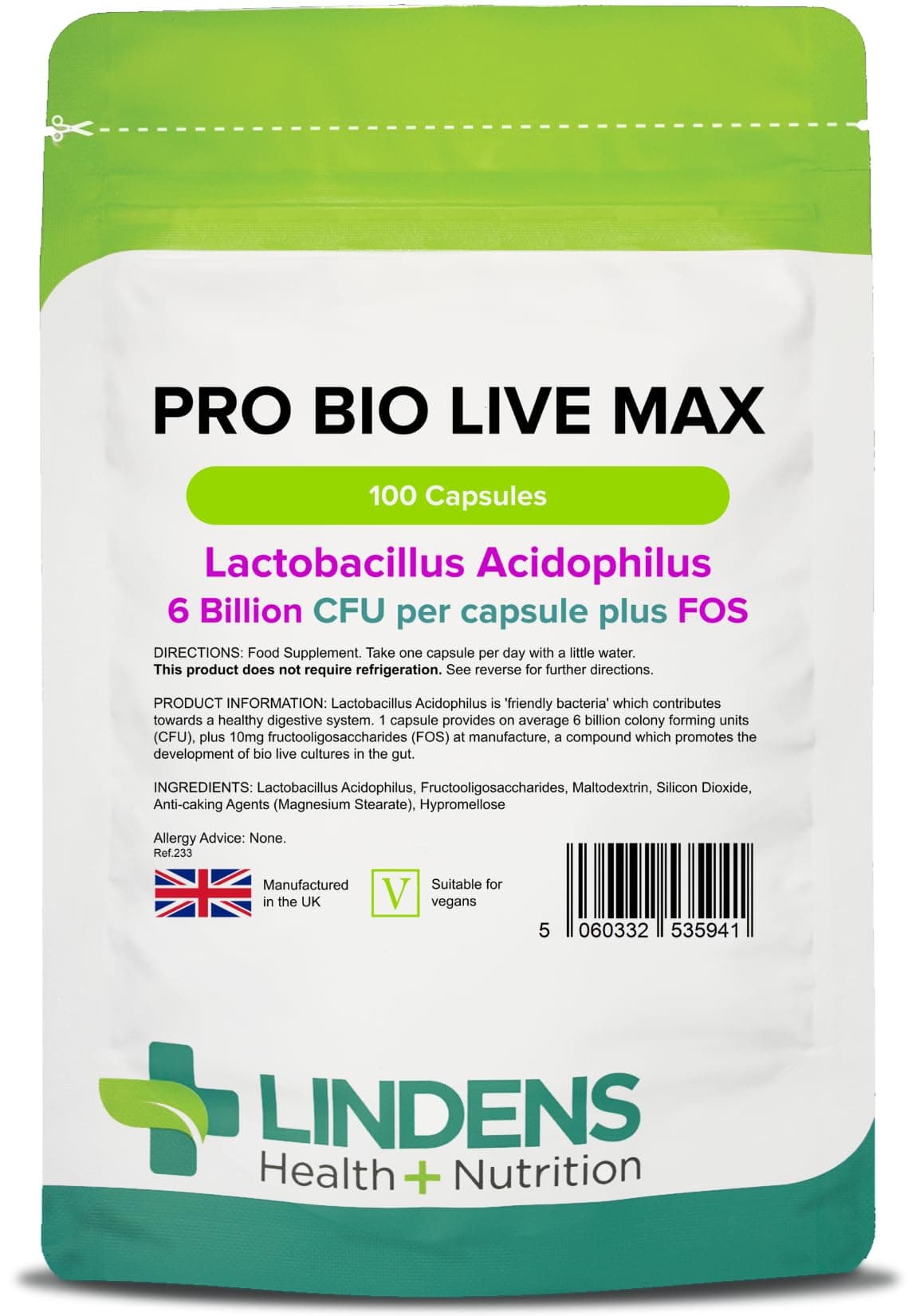 Lindens - Pro Bio Live Max 6 Billion CFU Capsules - 100 Pack - UK Made - Contributes to a Healthy Gut and Supports Digestion - Probiotic Vegetarian Capsules - Letterbox Friendly, Vegan