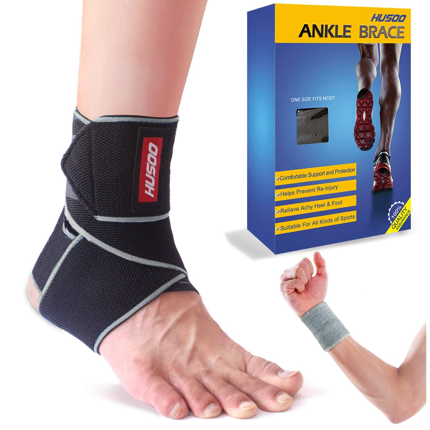 Ankle Brace, Husoo Breathable Ankle Support Compression Ankle Wrap for Sports Protect, Ankle Sprain, Plantar Fasciitis, One Size Fits All (1 Pieces Gray)