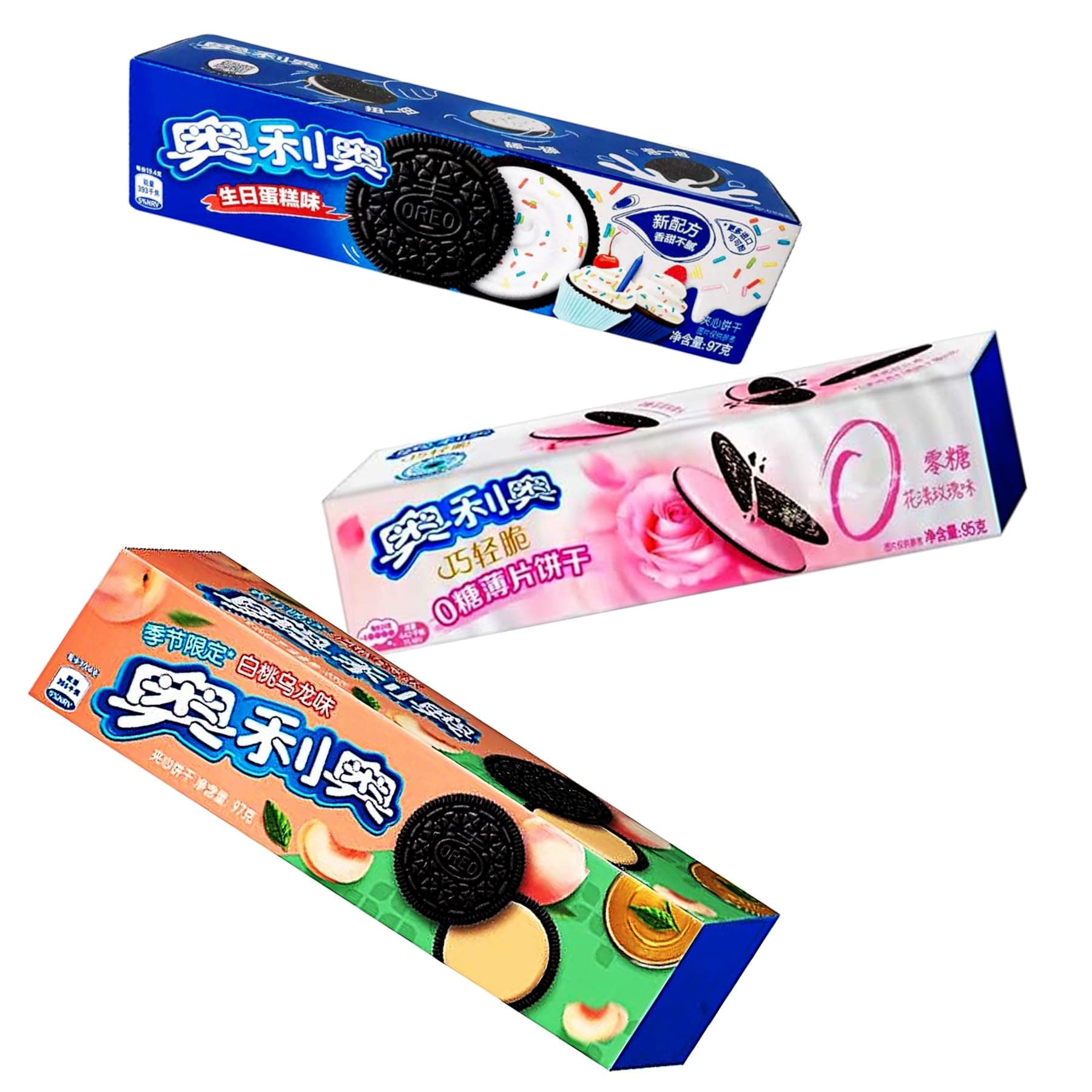 Exotic Cookie Bundle - with 3 Unique Flavours of Classic Sandwich Cookies - Peach Oolong, Rose and Birthday Cake Flavours (3 x 97g Packs) - Unusual and Delicious Biscuits for Gifting and Snacking