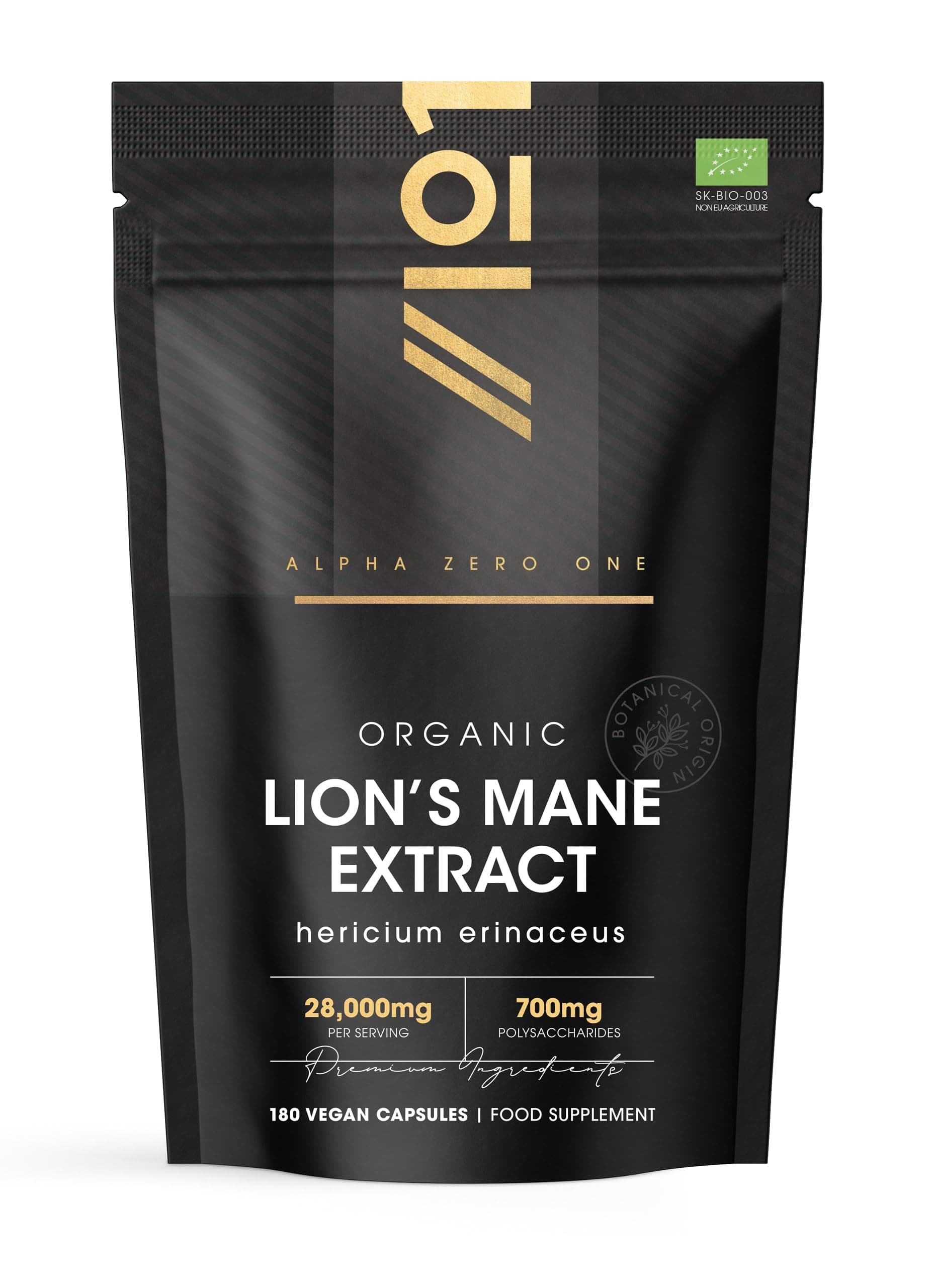 Organic Lions Mane Supplement 28,000mg – 50% Polysaccharides (700mg) – 180 Vegan Capsules – High Strength Mushroom Supplement – Resealable and Recyclable Pouch – By Alpha01