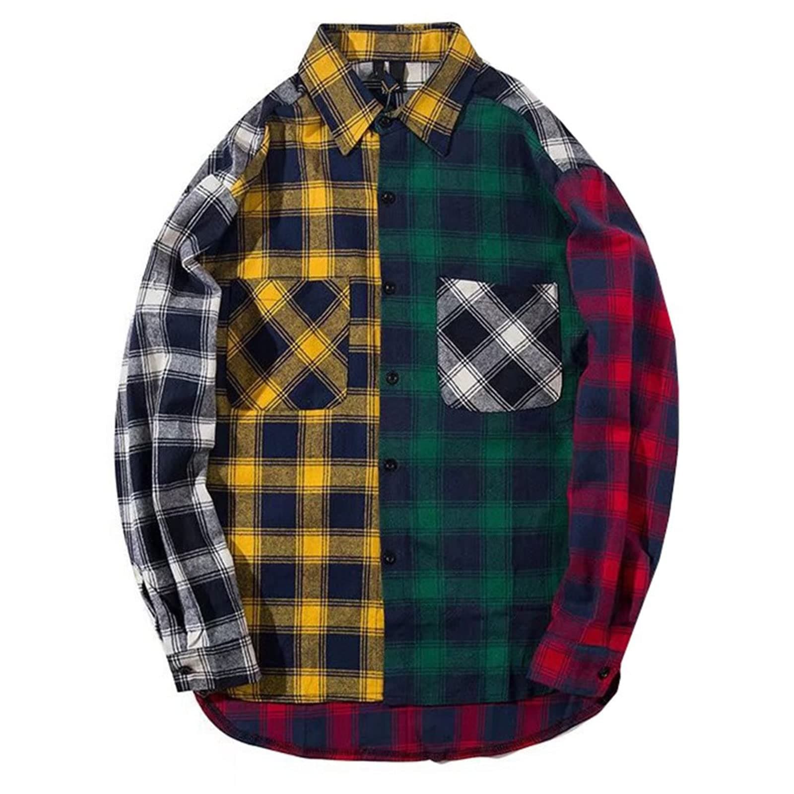 Men's Women Plaid Flannel Shirts Colour Block Long Sleeve Button Up Shirt Jackets Oversized