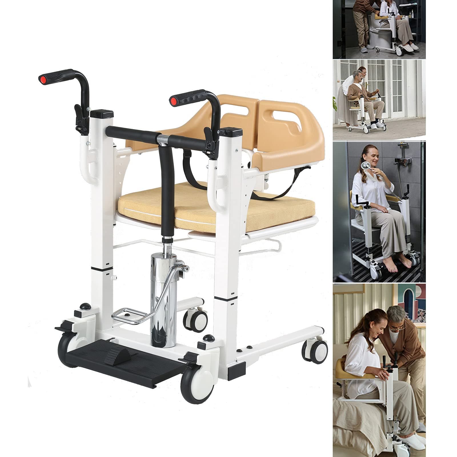 FANGX Hydraulic Patient Lift Transfer Machine With Soft Seat And Toilet Seat,Front And Rear Caster Brakes,Shower Chair For Nursing Paralyzed Elderly、Disabled People,Load 290lbs Manual Wheelchair