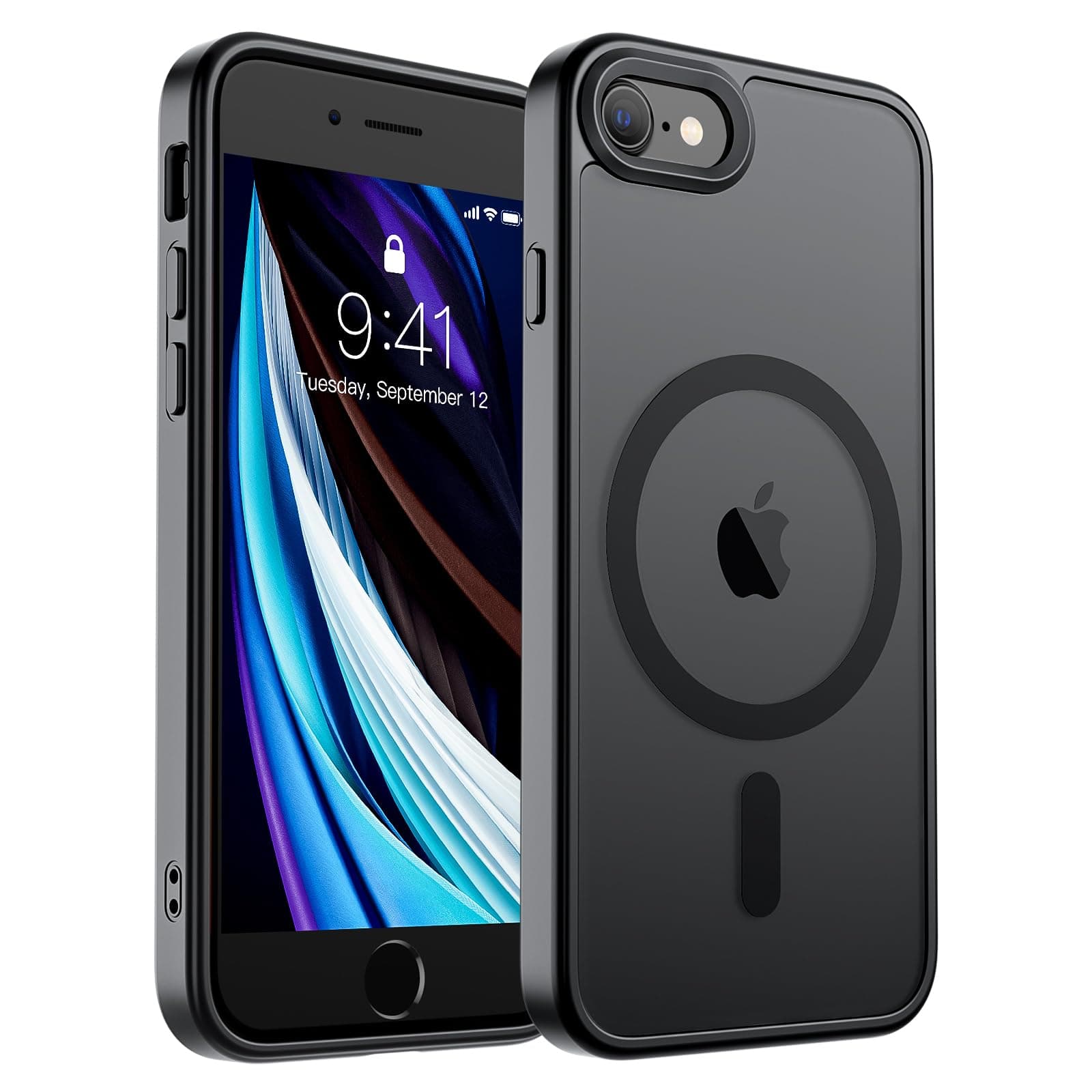 SUPFINE Magnetic for iPhone SE Case 2022 (3rd)/2020 (2nd), iPhone 8 Case (Compatible with MagSafe) (Military Grade Drop Protection) Slim Translucent Matte Phone Case,Black