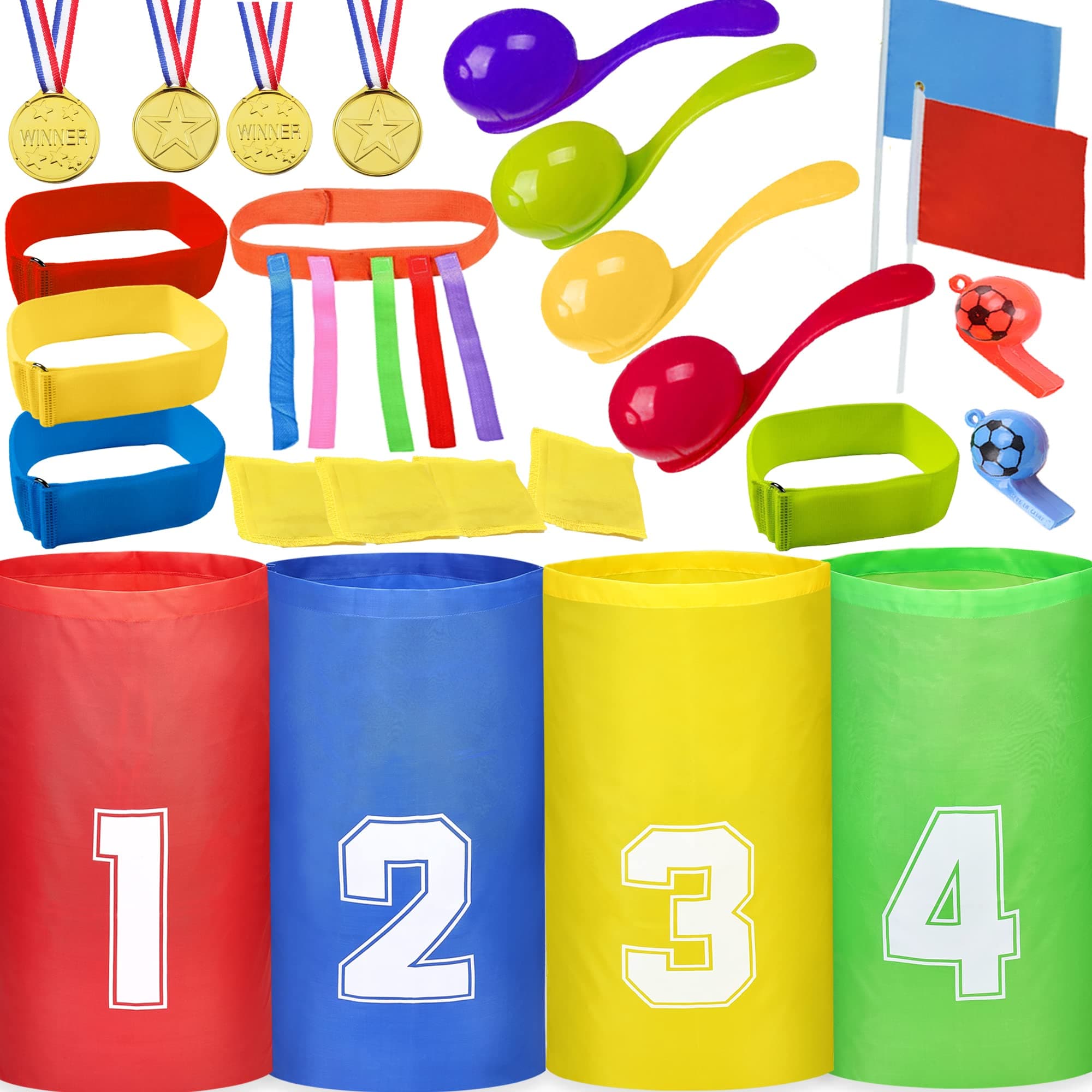 YucooliliSports Day Kit Outdoor Game Set Includes Sack Race, Egg And Spoon, Bean Bag Toss 3-Legged Game Outdoor Garden Party Carnival Games for Kids Children & Adults