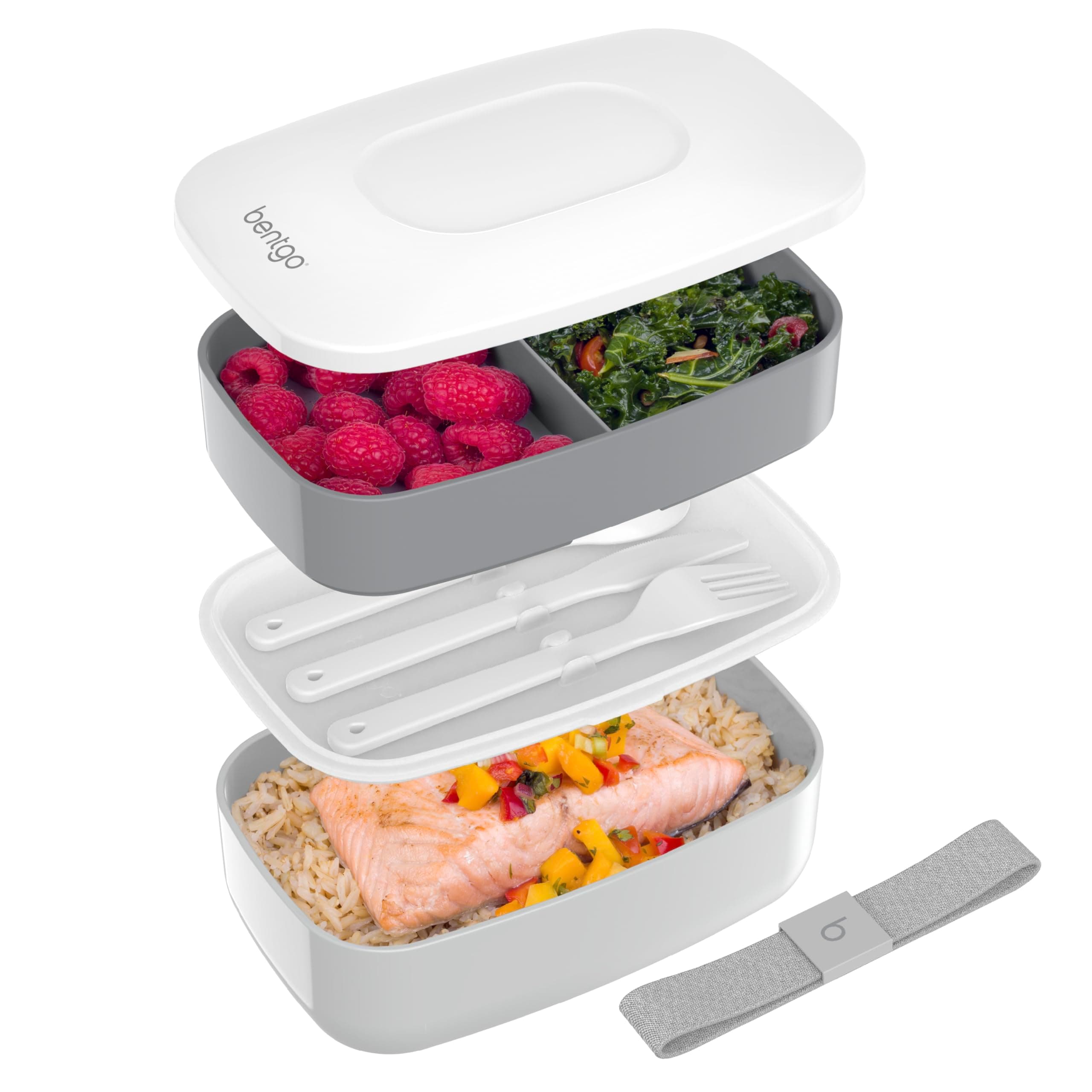 Bentgo Classic - Adult Bento Box, Stackable 3-Compartment Lunch Box with Removable Utensil Set and Sealing Strap, BPA-Free, Food Container Ideal for Meal Prep, Work, and On the Go (Gray)