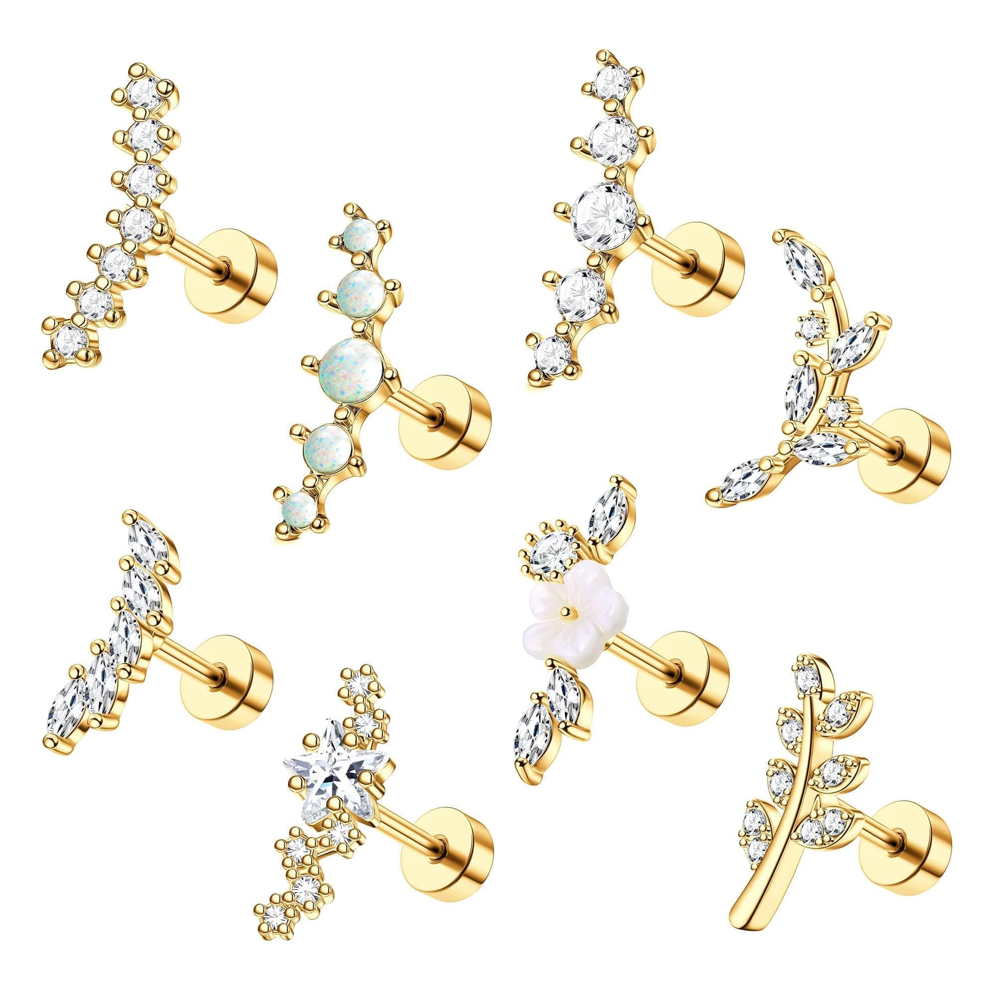 8Pcs 16G Cartilage Earring Set Stainless Steel Flower Opal CZ Stud Earrings Flat Back Cartilage Conch Helix Piercing Jewelry for Women