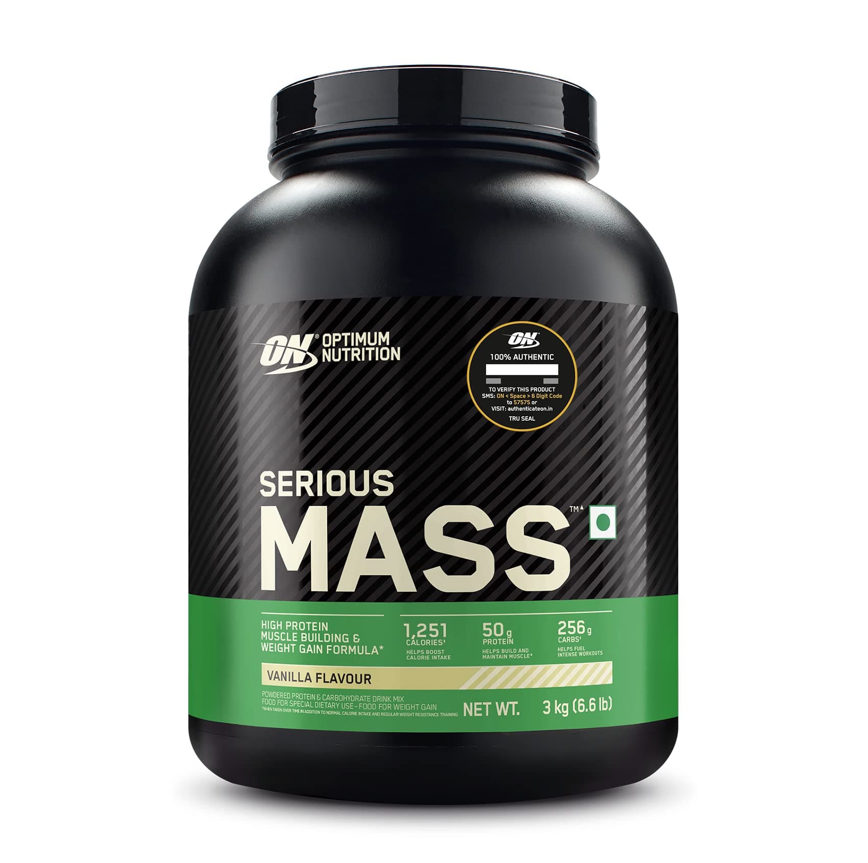 Optimum Nutrition (ON) Serious Mass High Protein High Calorie Weight Gainer Powder - 3 kg (Vanilla) with Vitamins and Minerals, Suitable for Vegetarians