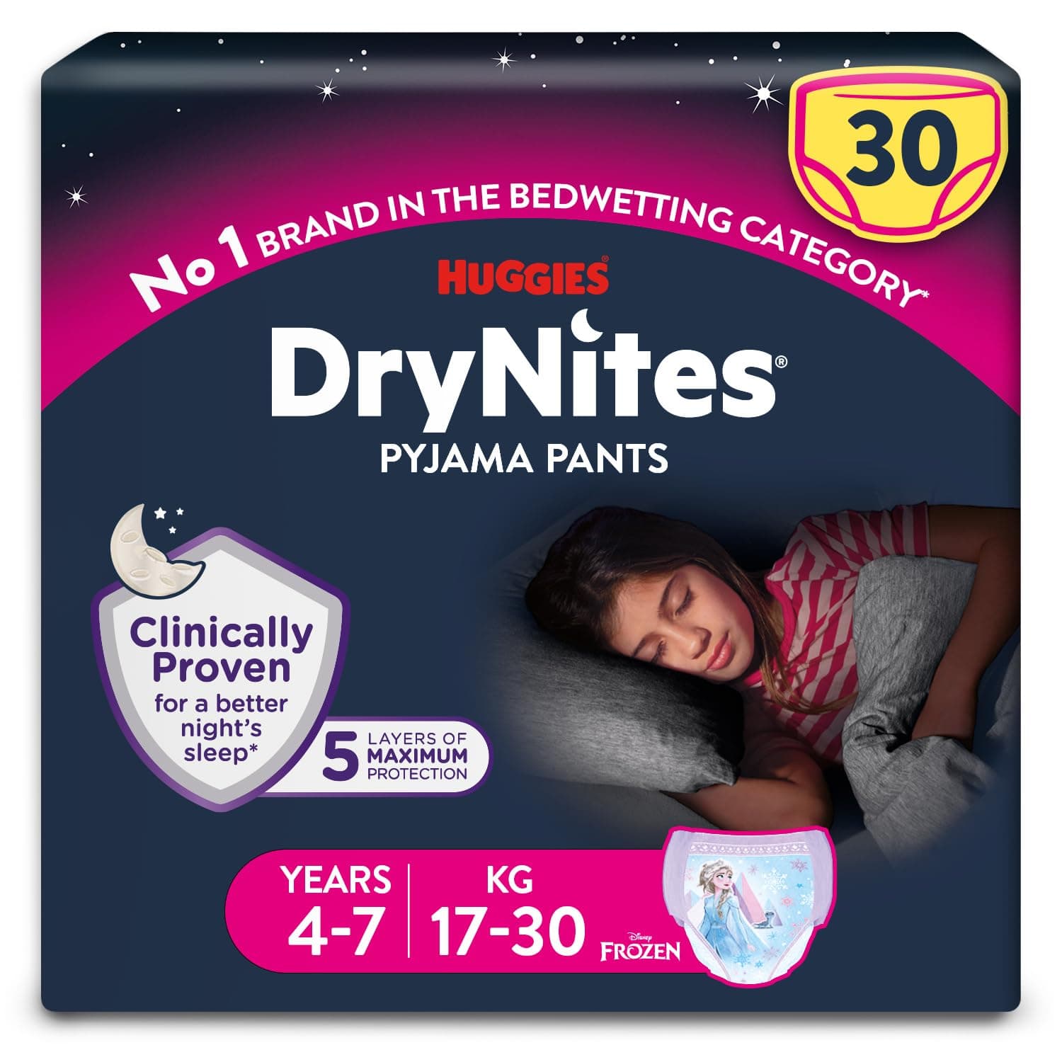 HUGGIES DryNites Pyjama Pants, Girl's 4-7 Years (17-30KG), 30 x Bedwetting Pants, Up to 100% Leak Free Nights