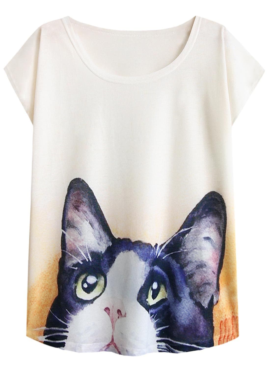 futurino Women's Cute Cat Graphic Abstract Paint Splatter Casual T-Shirt Top