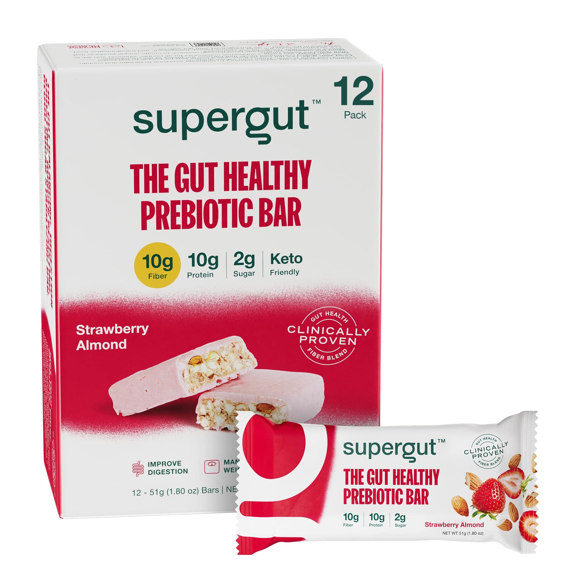 Supergut GLP-1 Boosting Prebiotic Bars, Strawberry Almond - Gut Healthy Protein Snacks & Breakfast Bars - Keto-Friendly Meal Replacement Energy Bars for Gut Health (12 Count)