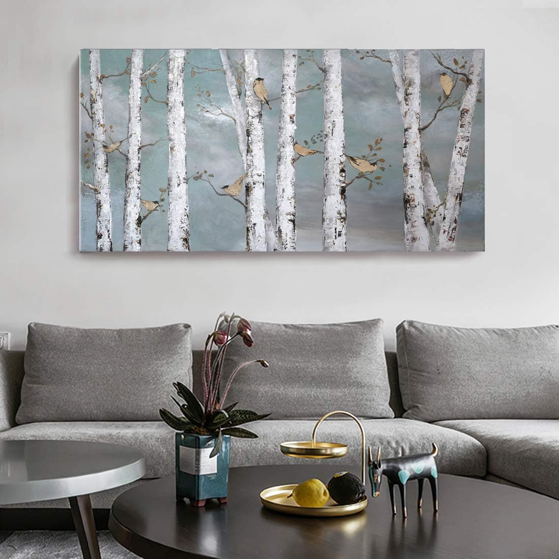 amatopLarge Tree Wall Art Hand-Painted Landscape Forest Oil Painting Gallery Wrapped Framed Canvas Bird Birch Artwork 'White Birch at Night' for Living Room Bedroom Office Décor Teal White 48"x24"
