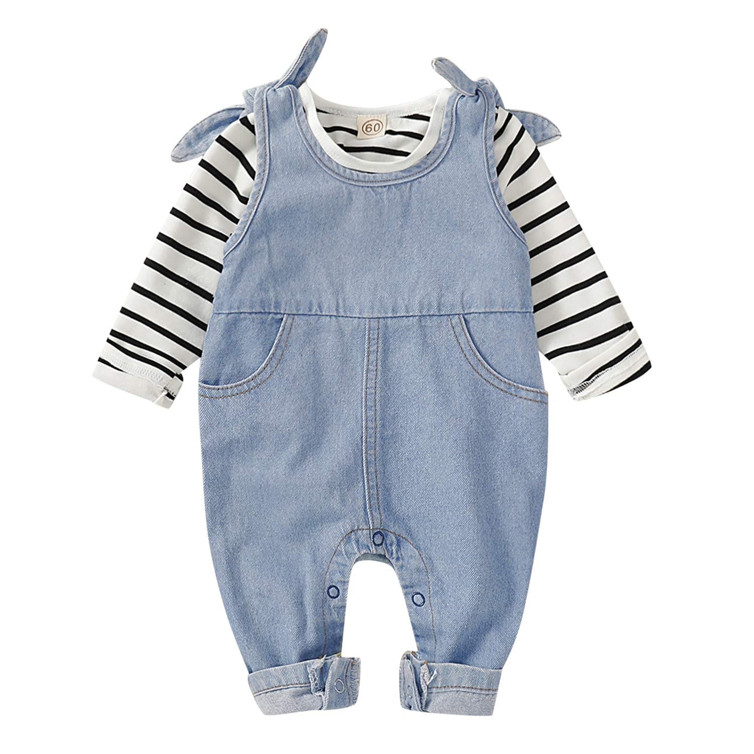 Evelin LEE Baby Boys Girls One Piece Denim Jumpsuit Soft Jeans Romper Overalls + Long Sleeve Striped T-Shirts