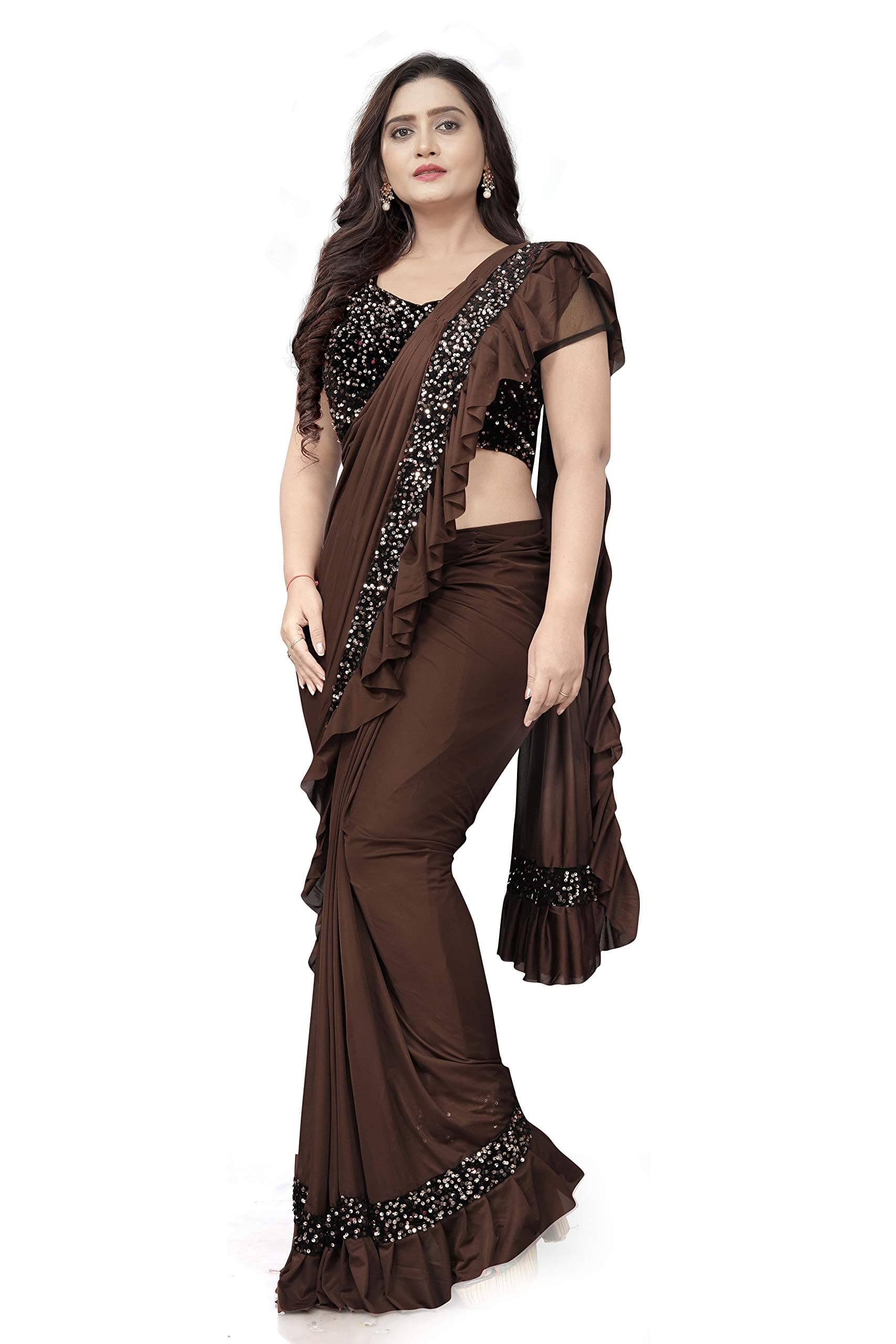 Women's Lycra Readymate Saree With Sequin Border And stitched Blouse Piece