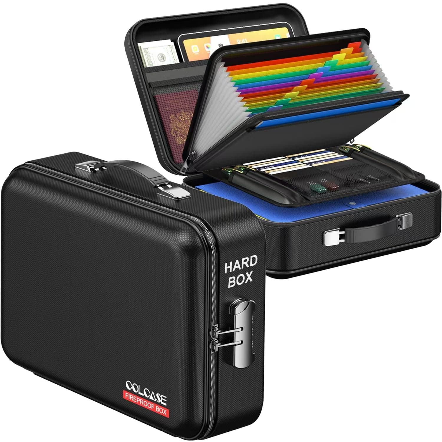 Fireproof Document Box, Hard Case Fireproof File Organizer with Lock Hard-Shell Design Fireproof Water Resistant Safe Box for Important Documents Certificates Laptop Passports Black