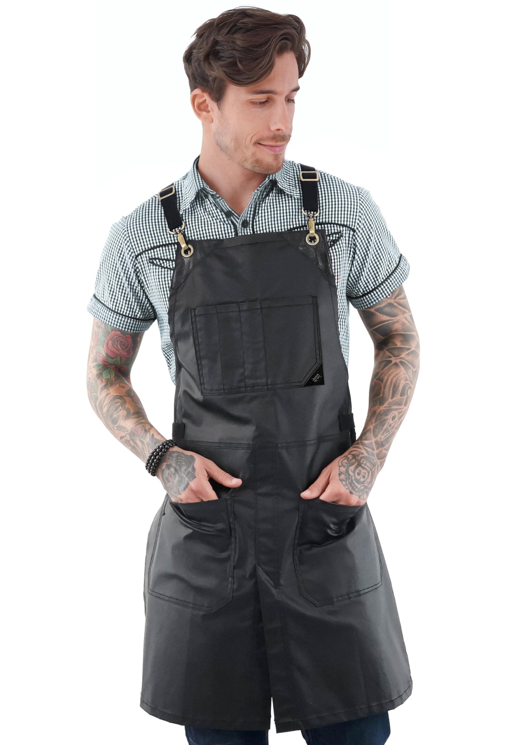 Cross-Back Panther Black Apron – Coated Twill with Leather Reinforcement and Split-Leg – Adjustable for Men and Women – Pro Barber, Tattoo, Hair Stylist, Barista, Bartender, Server Aprons
