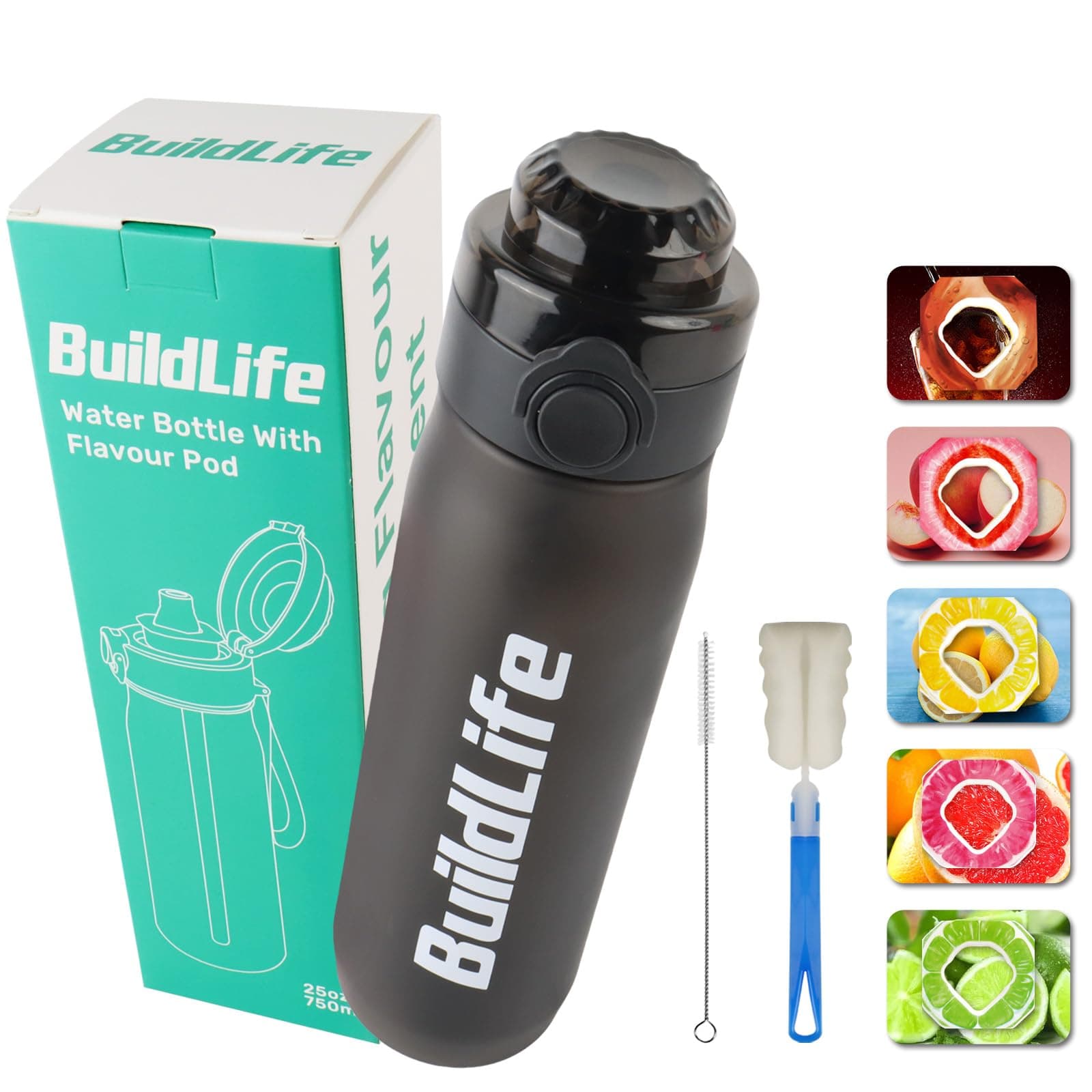 BuildLife Air Water Bottle with 5 Flavor Pods, Flavored Water Bottles with Straw, Scented Water Bottle Leak Proof, Fruit Fragrance Water Bottle BPA Free for Outdoor Sports 25 oz/750ml (Black)