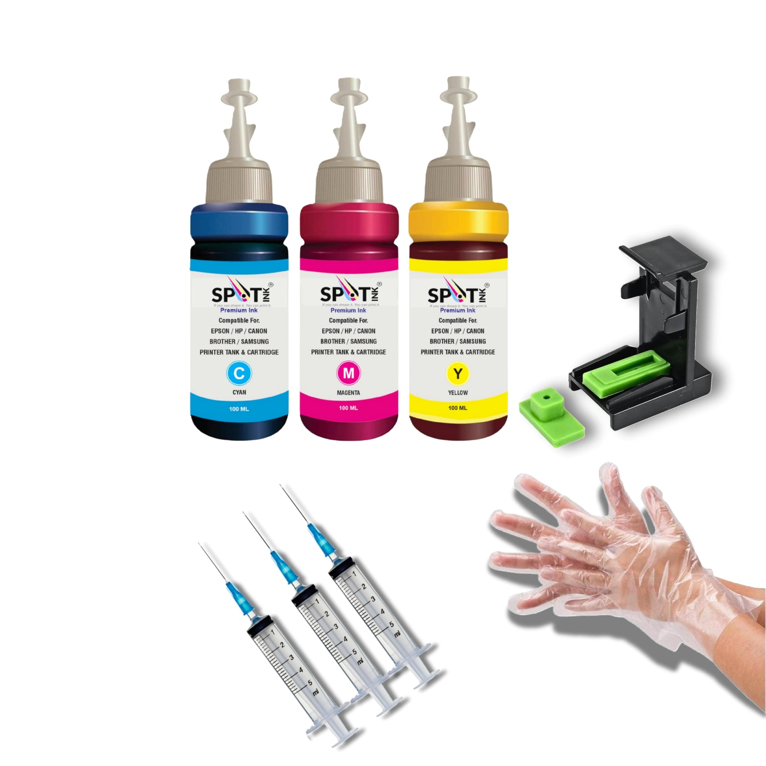 CMY Refill Kit with Suction Tool Combo Pack of High Yield Inkjet Cartridge Ink Refill Compatible for HP and Canon Cartridge Printers - 100ml Per Bottle (Cyan, Magenta, Yellow)