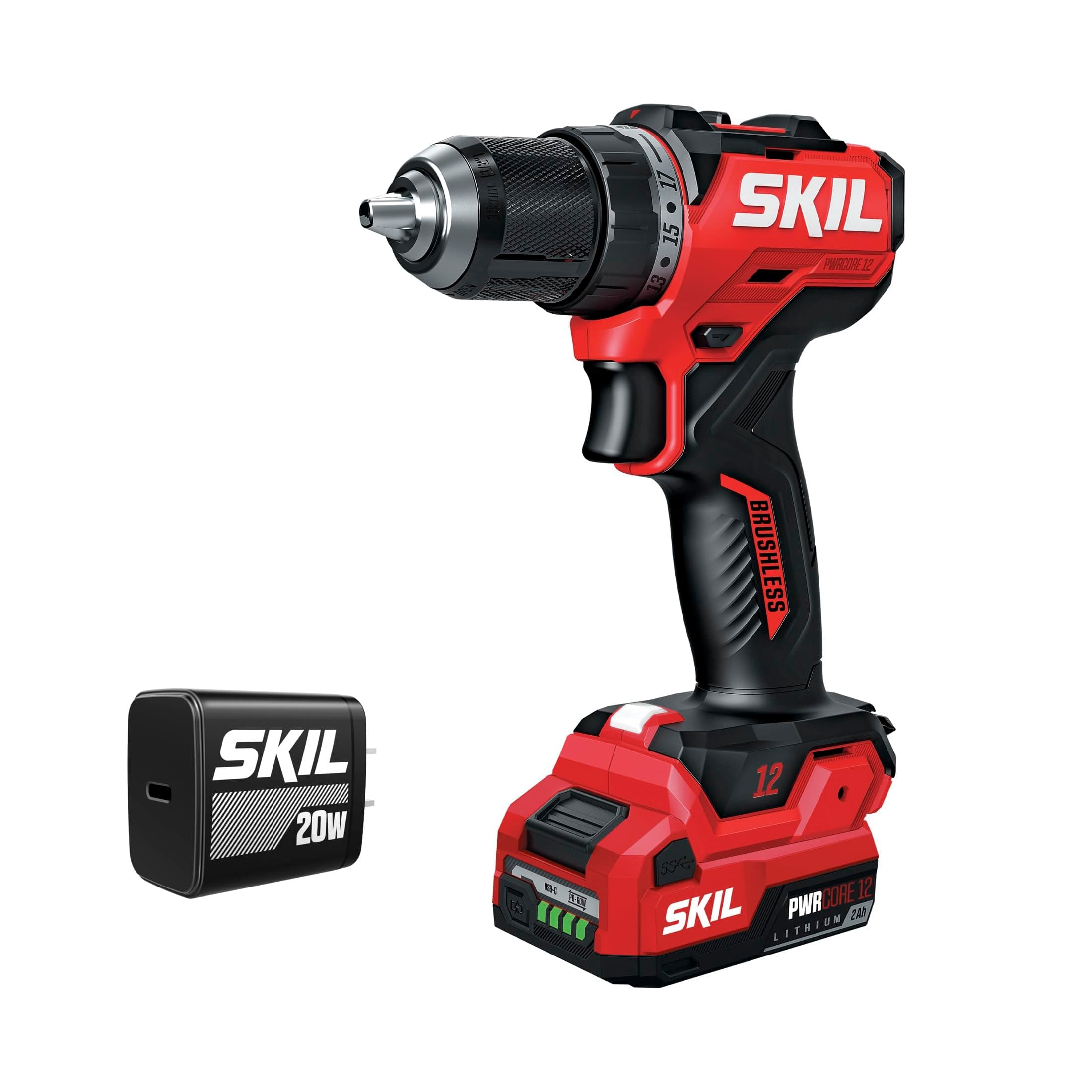 SKIL 12V Brushless Cordless 1/2-Inch Compact Drill Driver Kit Including 2.0Ah USB-C Battery and 20W Charger - DL6290A-11