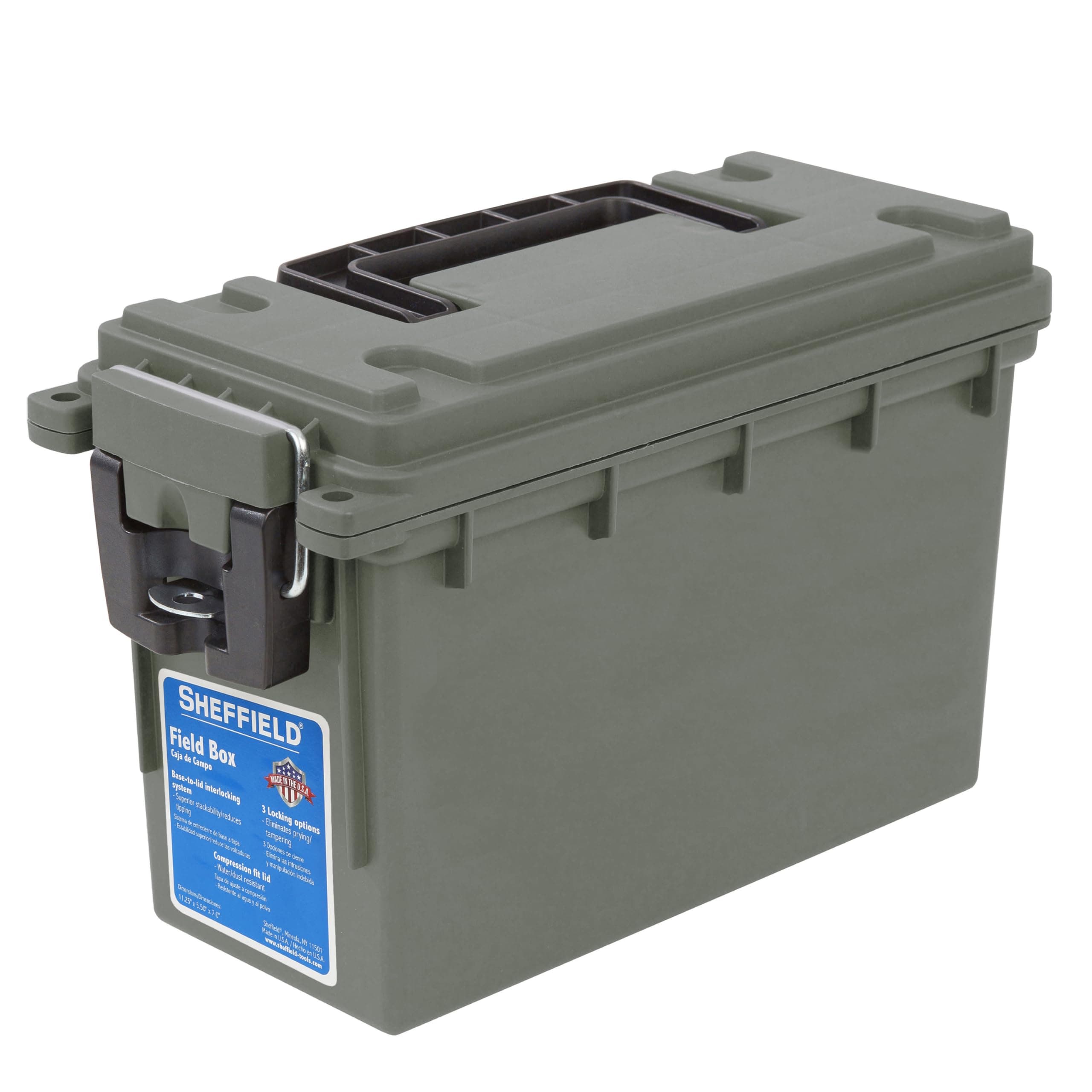 Sheffield 12626 Ammo Storage Box, Stackable .30 Cal Field Boxes, Water and Dust Resistant, Lockable Storage Box with Handle, Secures Hunting Gear, Supplies, and Bullets, Made in USA, Green, 1-Pack
